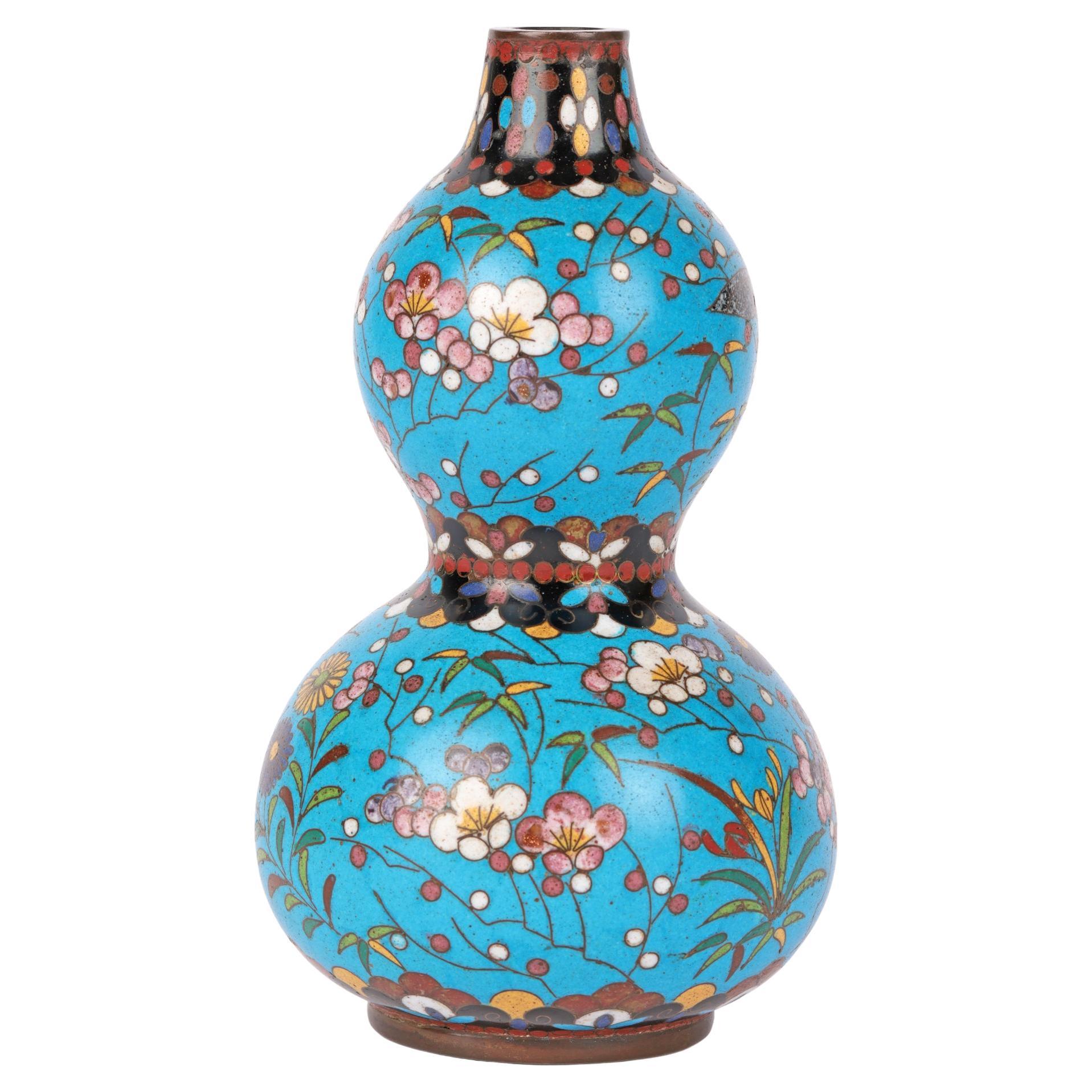 Oriental Flowering Hawthorn Cloisonne Double Gourd Vase For Sale