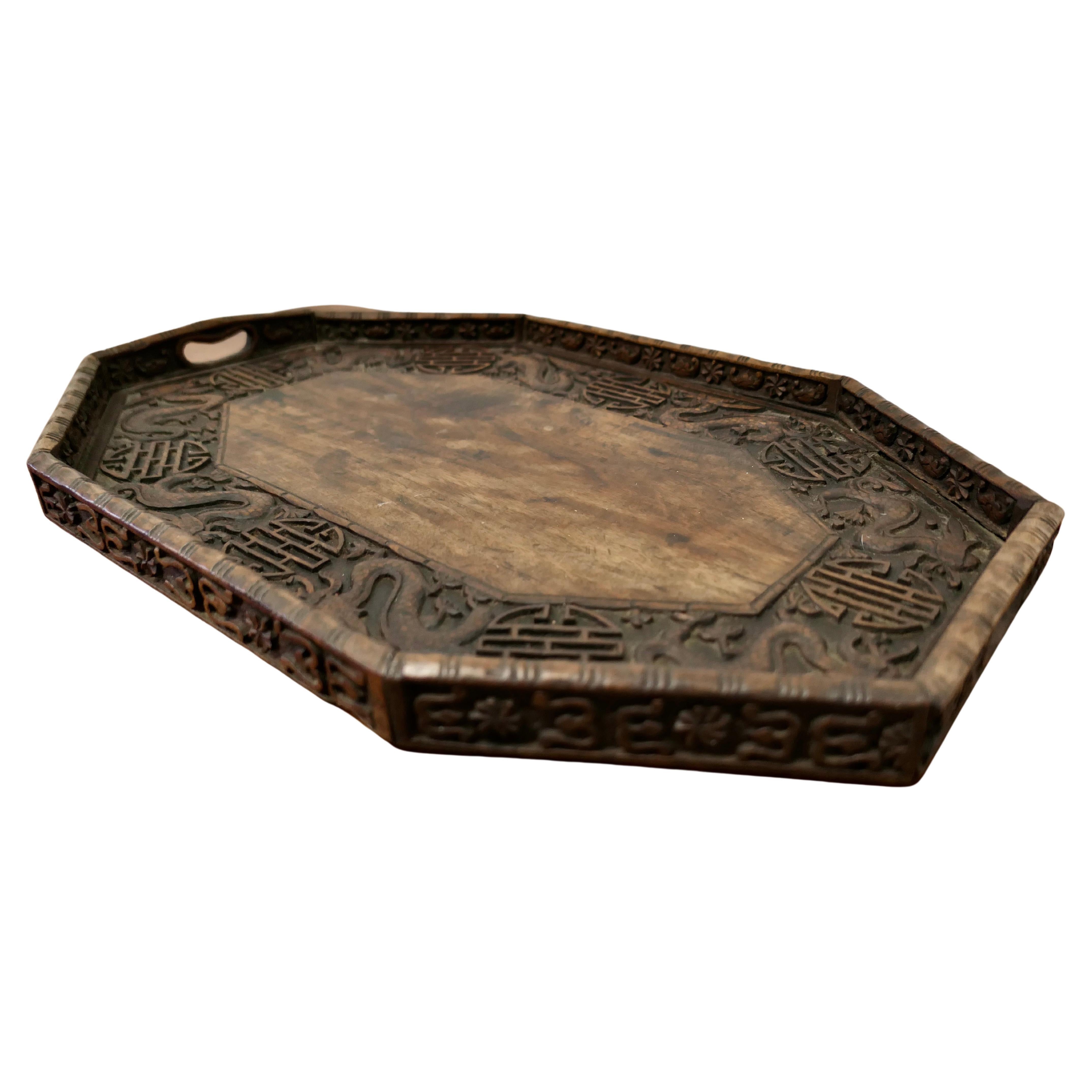 Oriental Folk Art Carved Dragon Tray This Is a Lovely Piece of Hand Carving For Sale