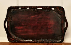 Oriental Folk Art Carved Red Lacquer Tray Decorated with Cockerels