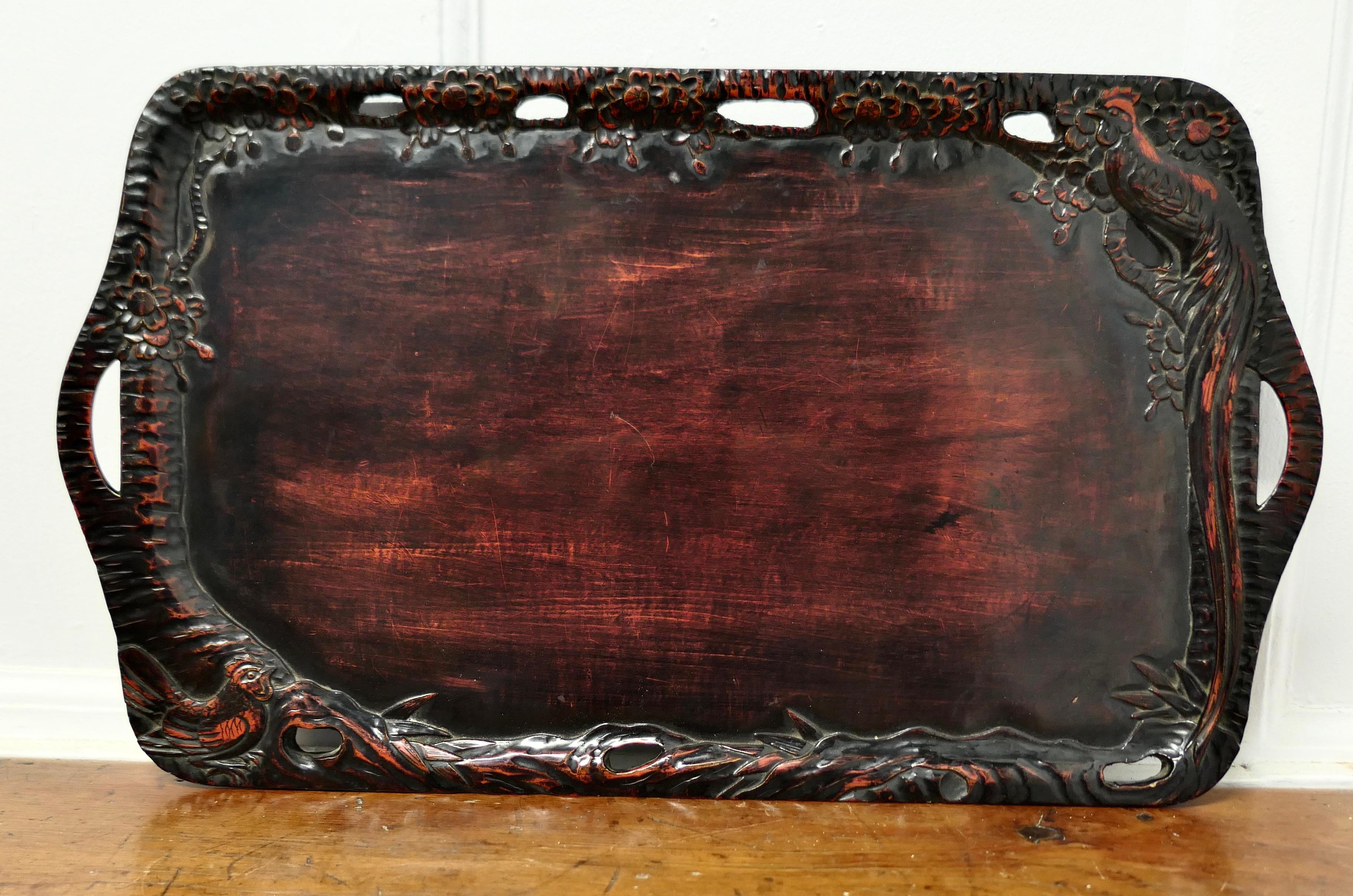 Oriental Folk Art Carved Red Lacquer Tray Decorated with Cockerels     For Sale 3