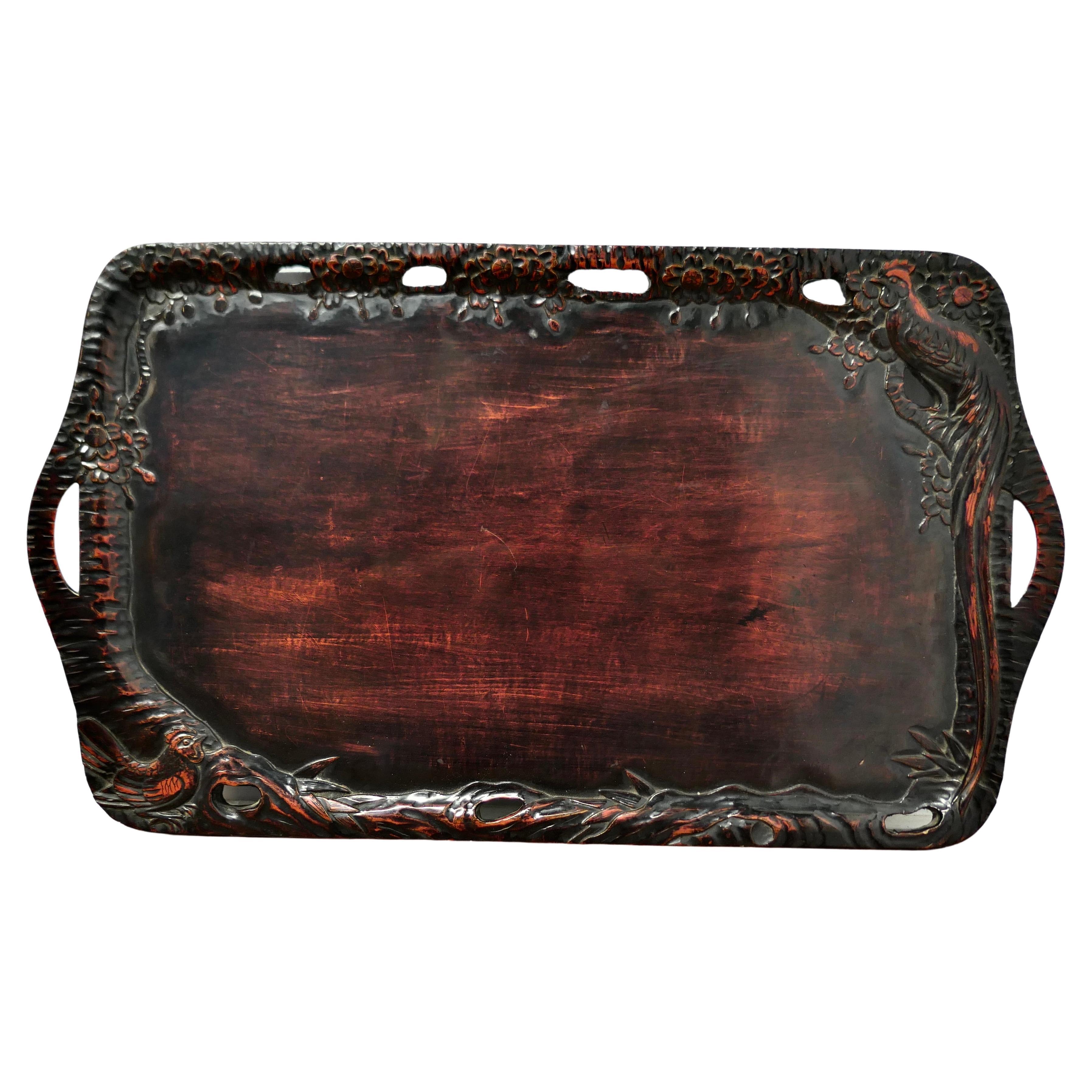 Oriental Folk Art Carved Red Lacquer Tray Decorated with Cockerels     For Sale