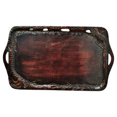 Oriental Folk Art Carved Red Lacquer Tray Decorated with Cockerels    