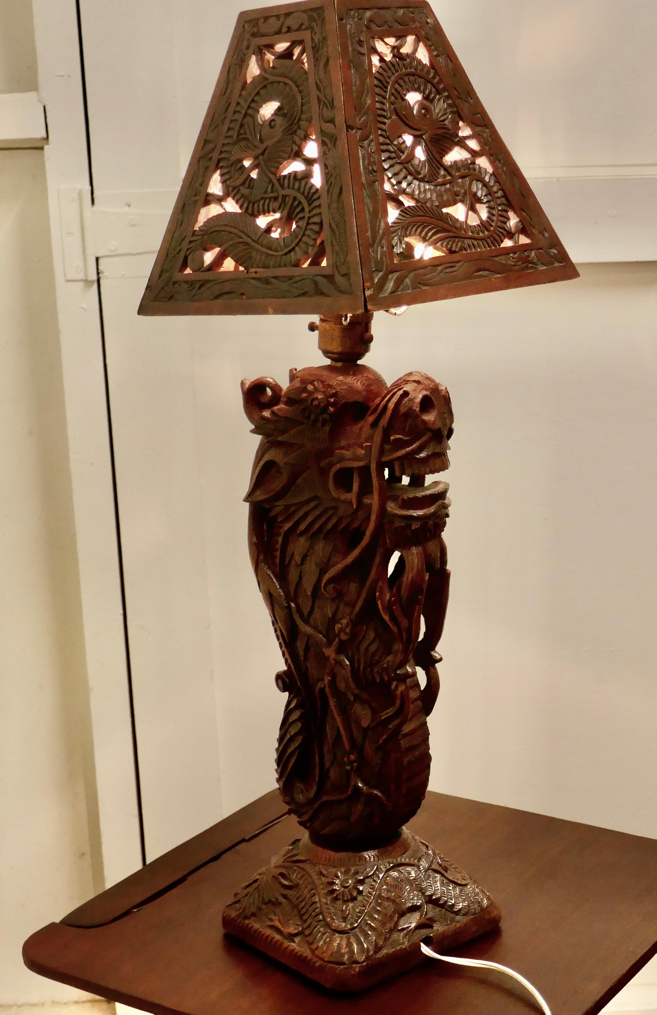 Oriental Folk Art Carved Teak Dragon Lamp For Sale 2
