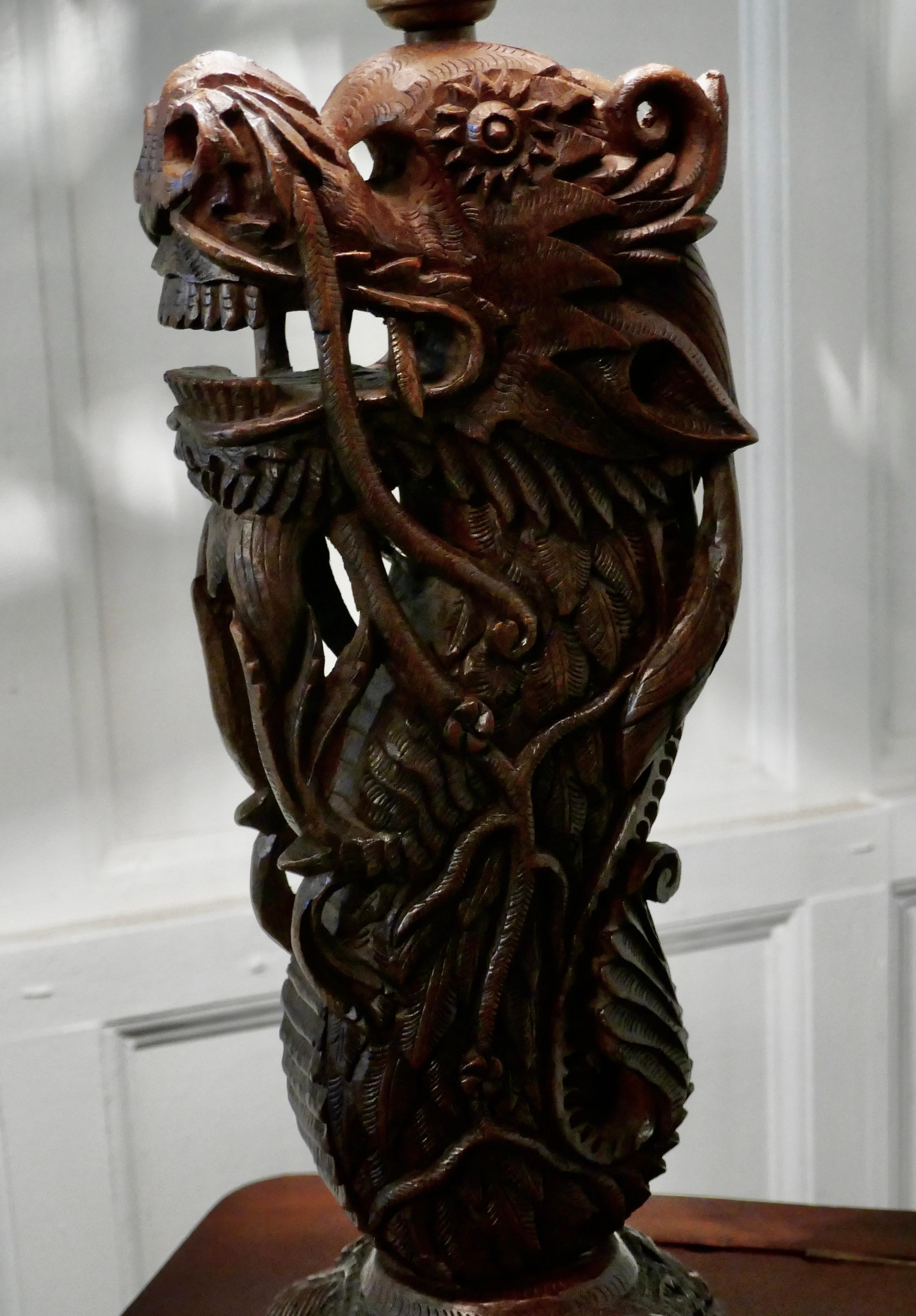 Oriental Folk Art Carved Teak Dragon Lamp For Sale 3