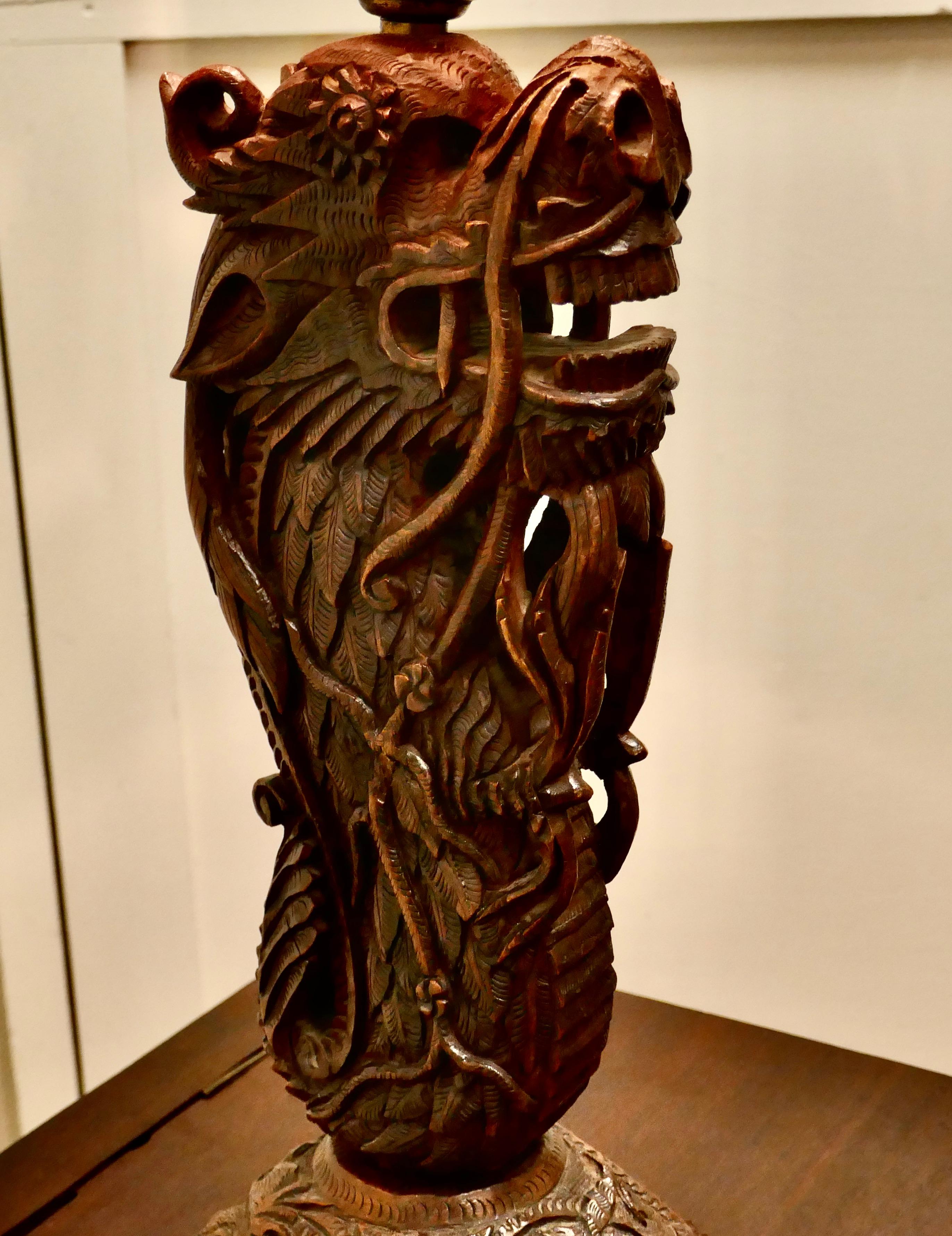 20th Century Oriental Folk Art Carved Teak Dragon Lamp For Sale