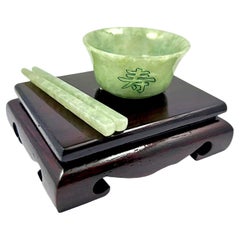 Oriental Fortune Carved Burmese A-Jadeite Bowl Set Ornament Showpiece with Stand