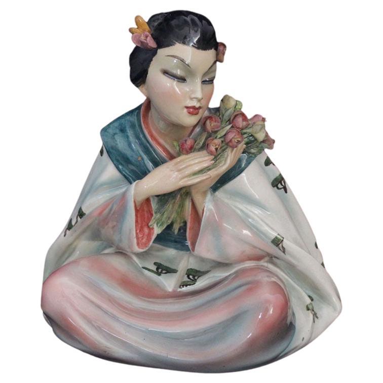 Oriental Girl Sitting with Flowers from Vincenzo Bertolotti Milano, 1930s