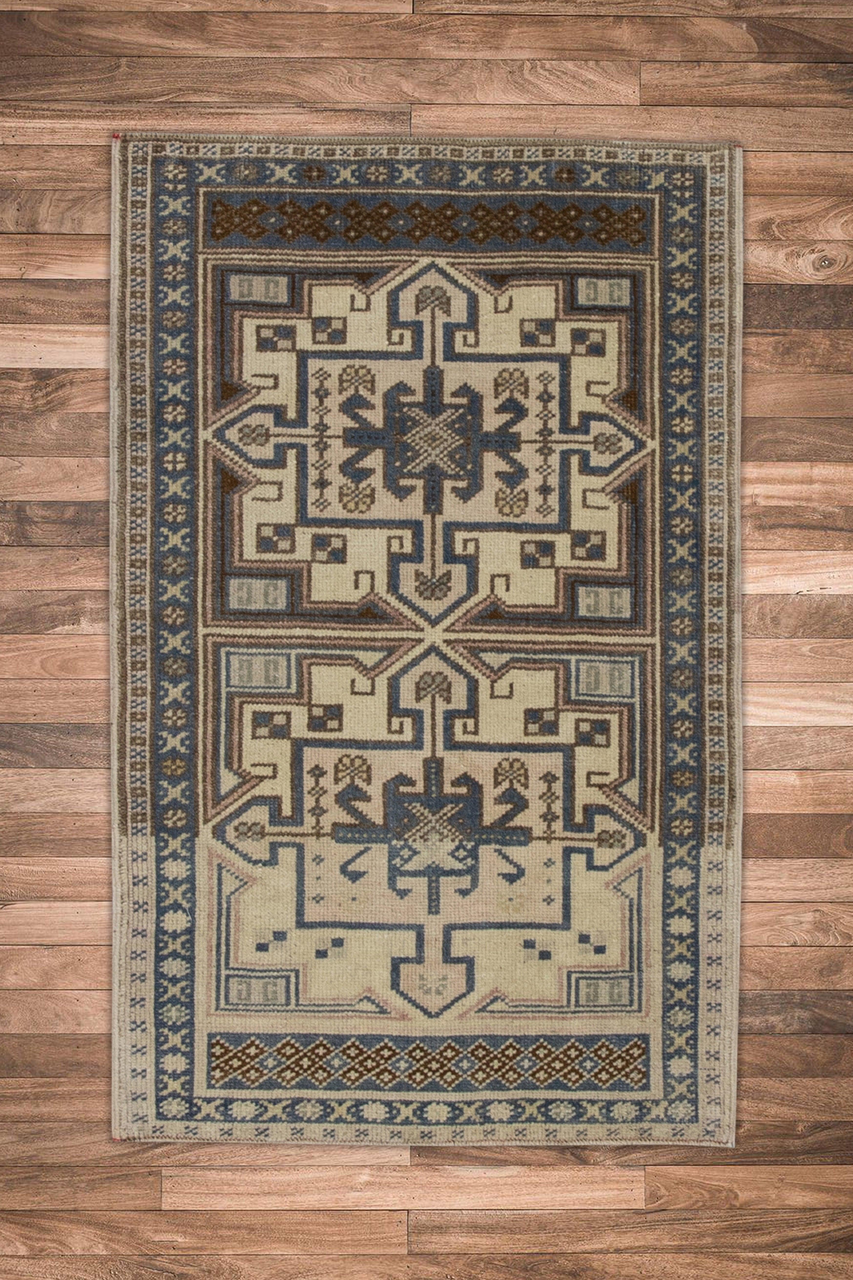 Oriental Hand Knotted Vintage Turkish Mini Rug 1'10