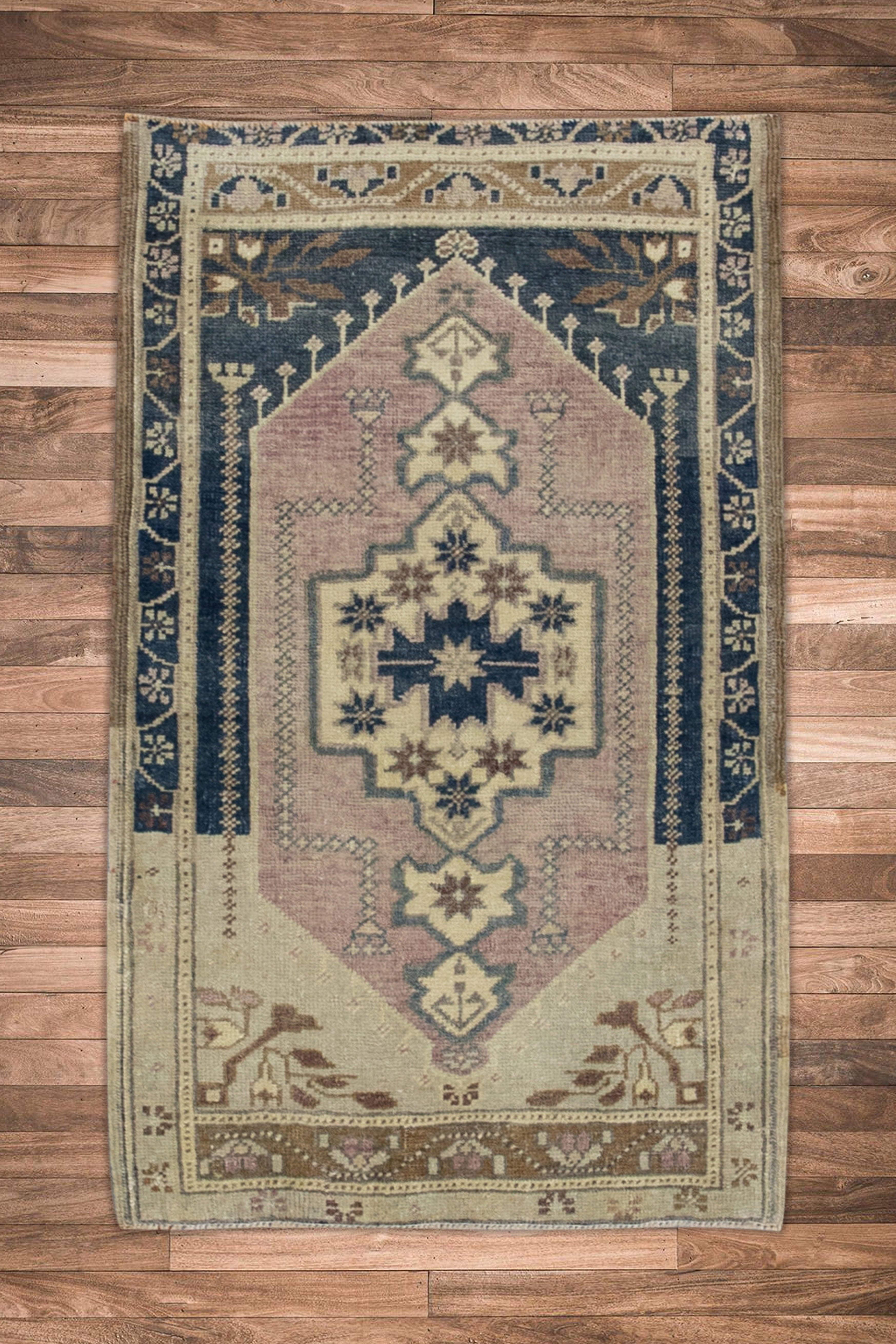 Oriental Hand Knotted Vintage Turkish Mini Rug 1'10