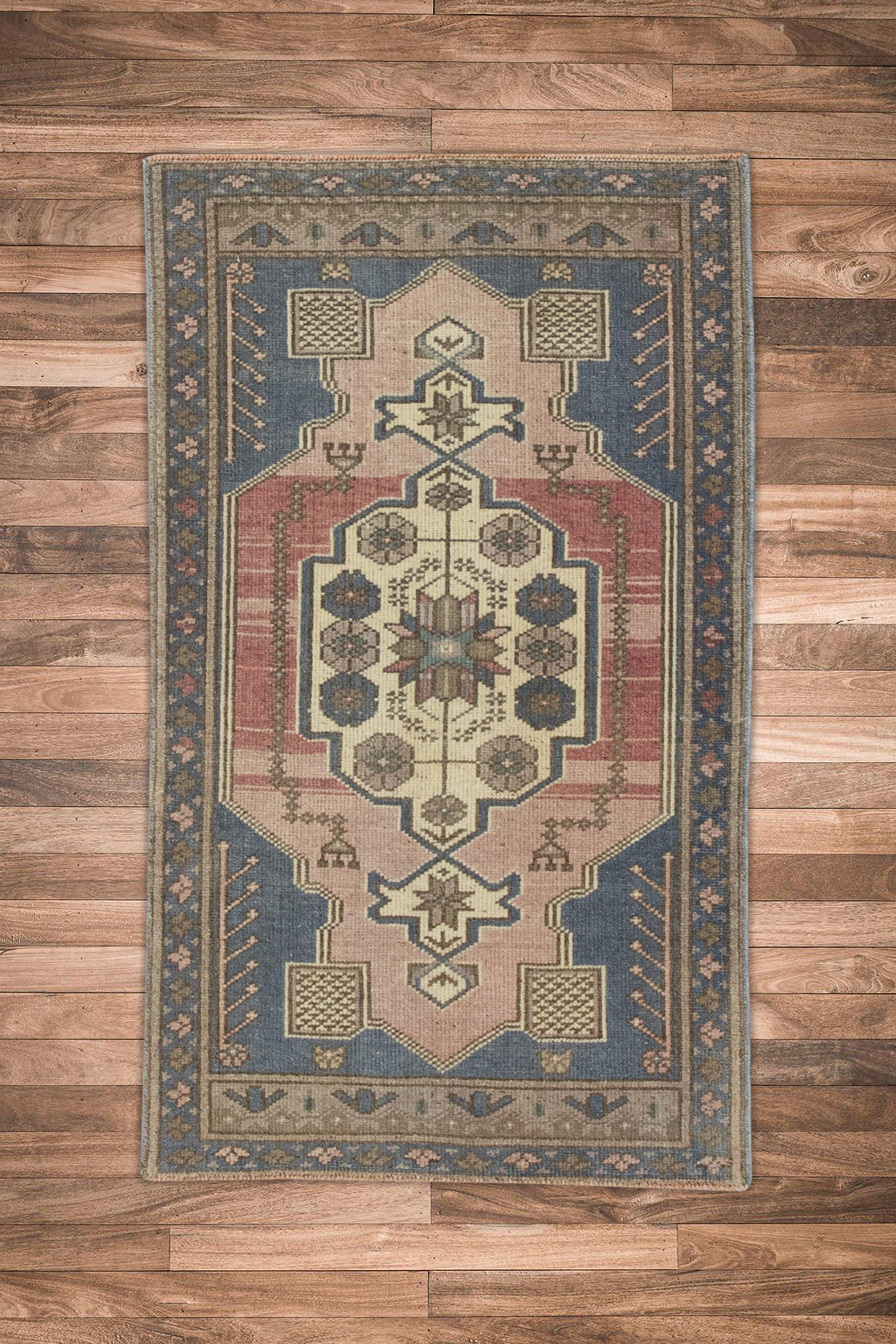 Oriental Hand Knotted Vintage Turkish Mini Rug 1'11