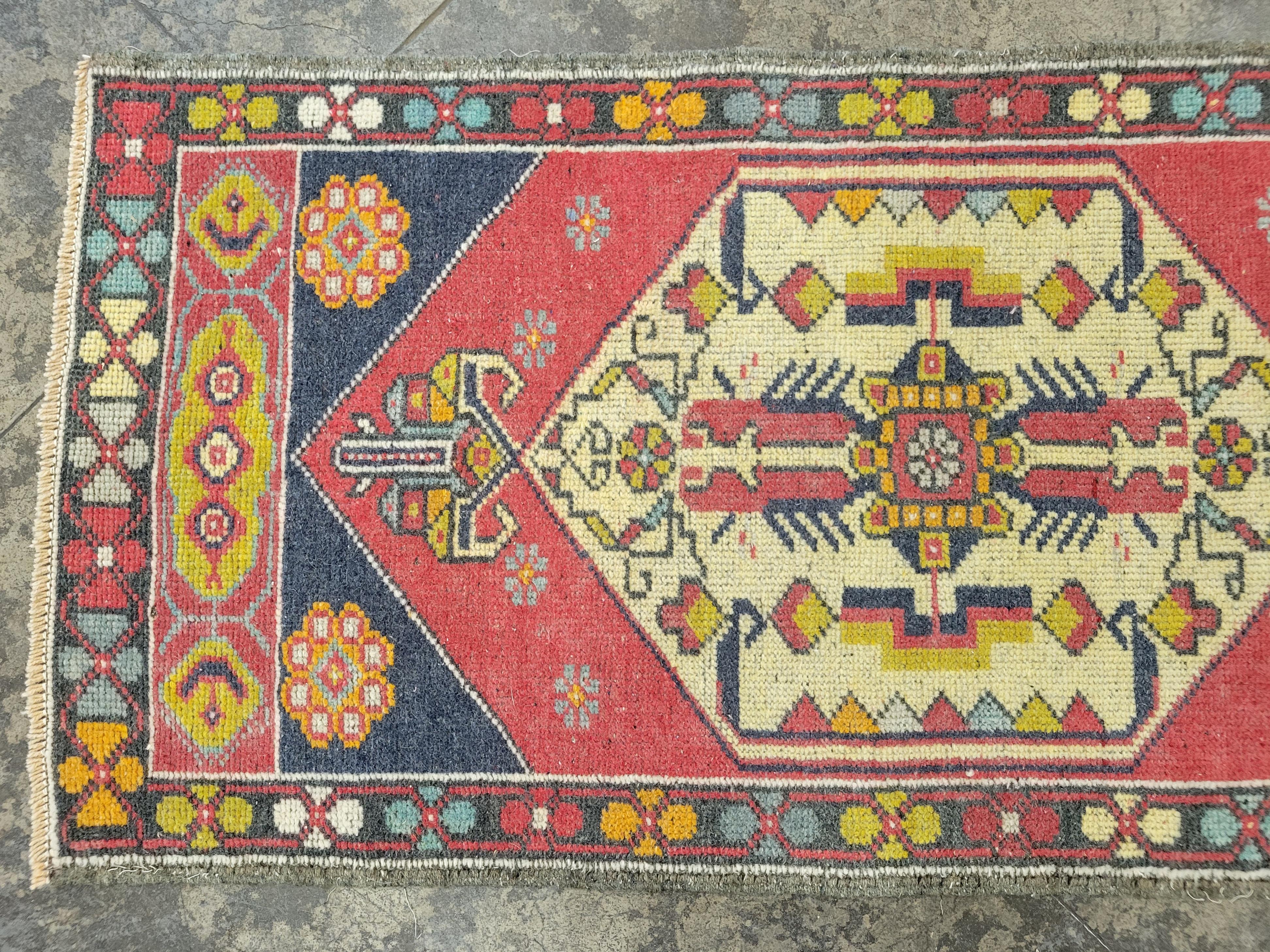 Oriental Hand Knotted Vintage Turkish Mini Rug 1'9