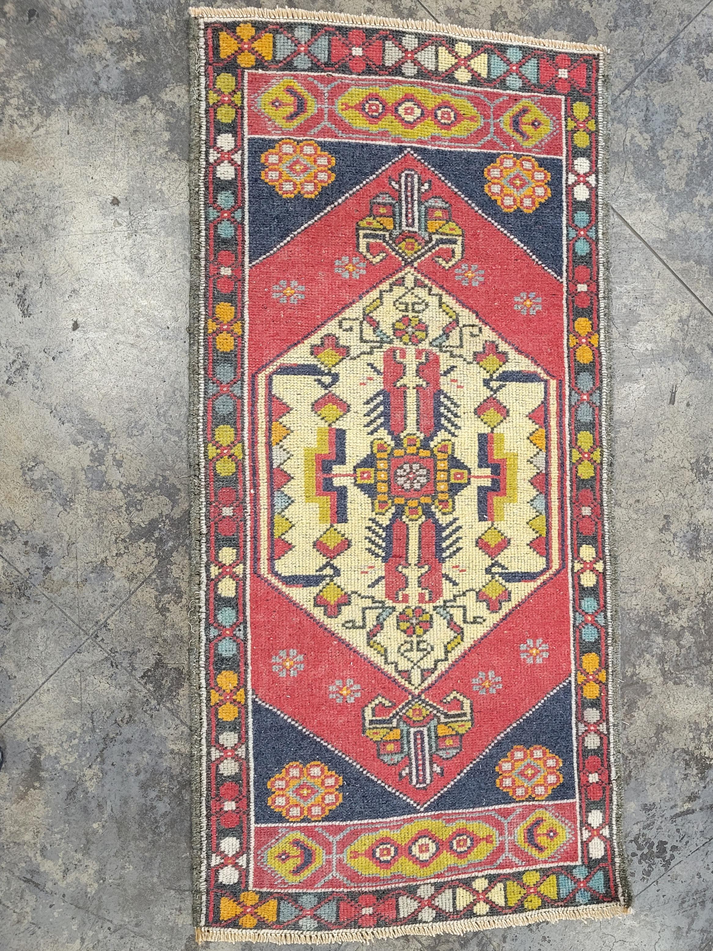 Contemporary Oriental Hand Knotted Vintage Turkish Mini Rug 1'9