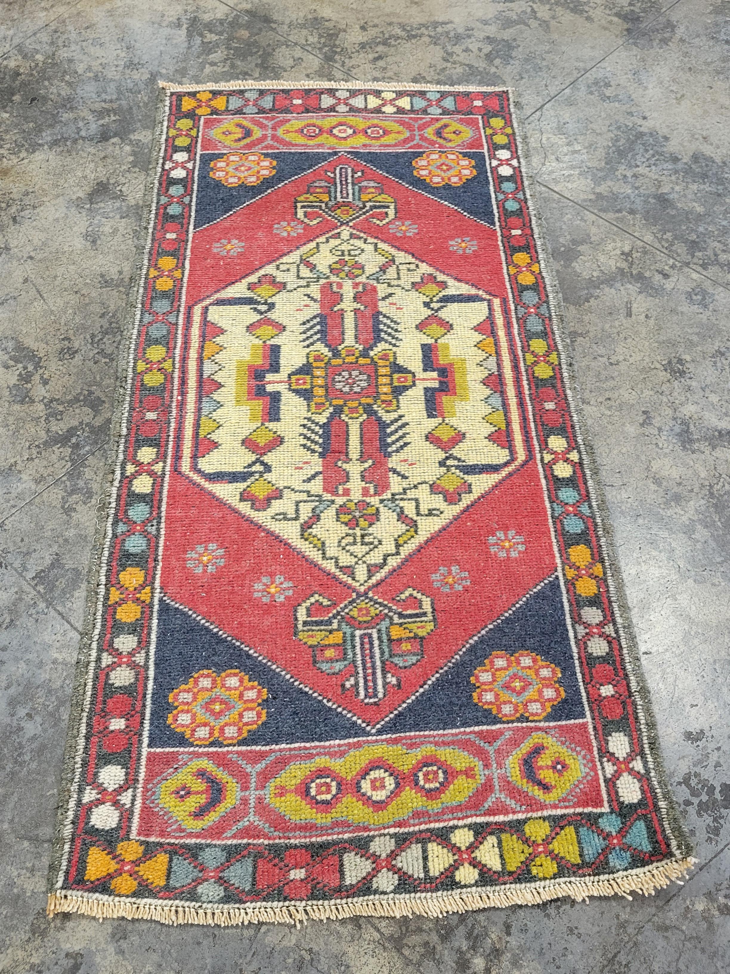 Wool Oriental Hand Knotted Vintage Turkish Mini Rug 1'9