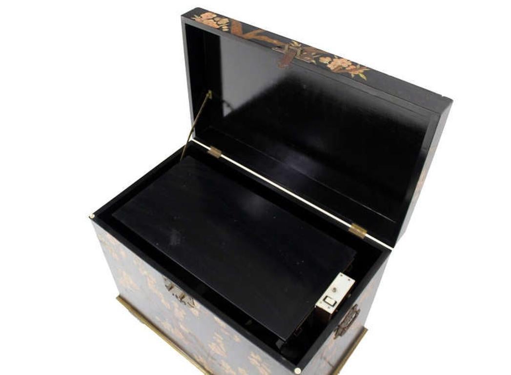 Arts and Crafts Oriental Hand Painted Black Lacquer Bar Trunk Chest Electric Lift Shelf Inside  For Sale