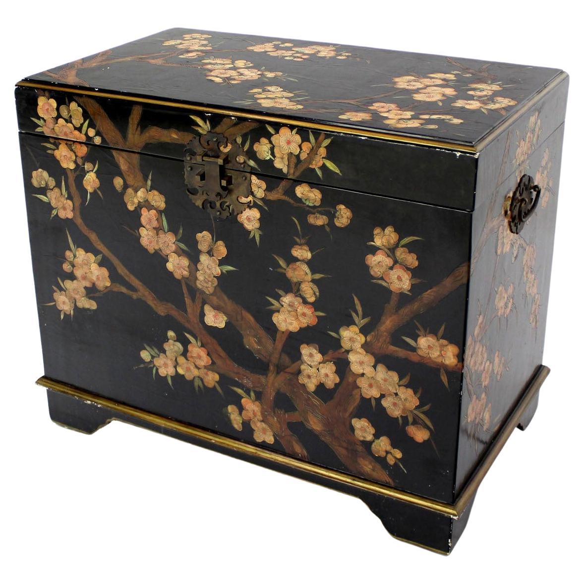 Oriental Hand Painted Black Lacquer Bar Trunk Chest Electric Lift Shelf Inside  For Sale