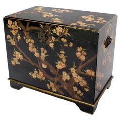 Oriental Hand Painted Black Lacquer Bar Trunk Chest Electric Lift Shelf Inside 