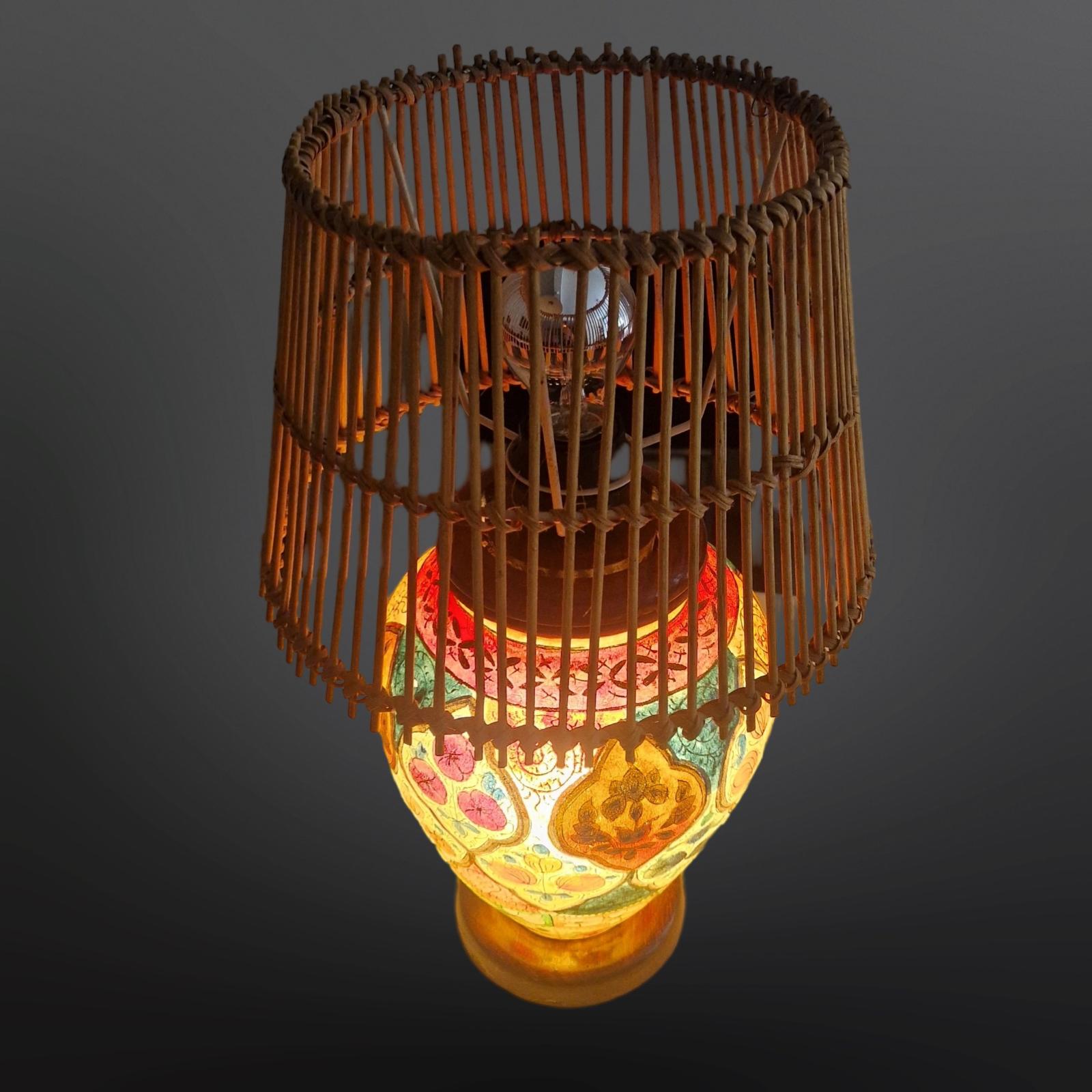Oriental hand painted leather table lamp, Pakistan 1960s For Sale 3