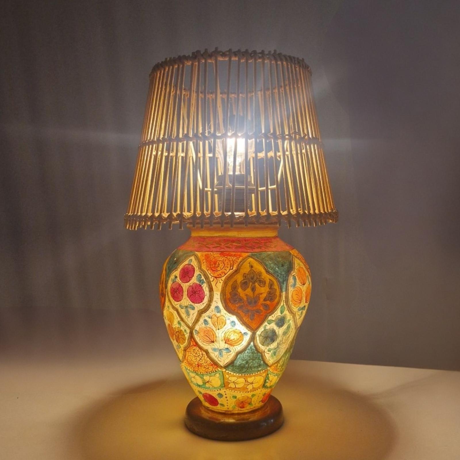 Bohemian Oriental hand painted leather table lamp, Pakistan 1960s For Sale