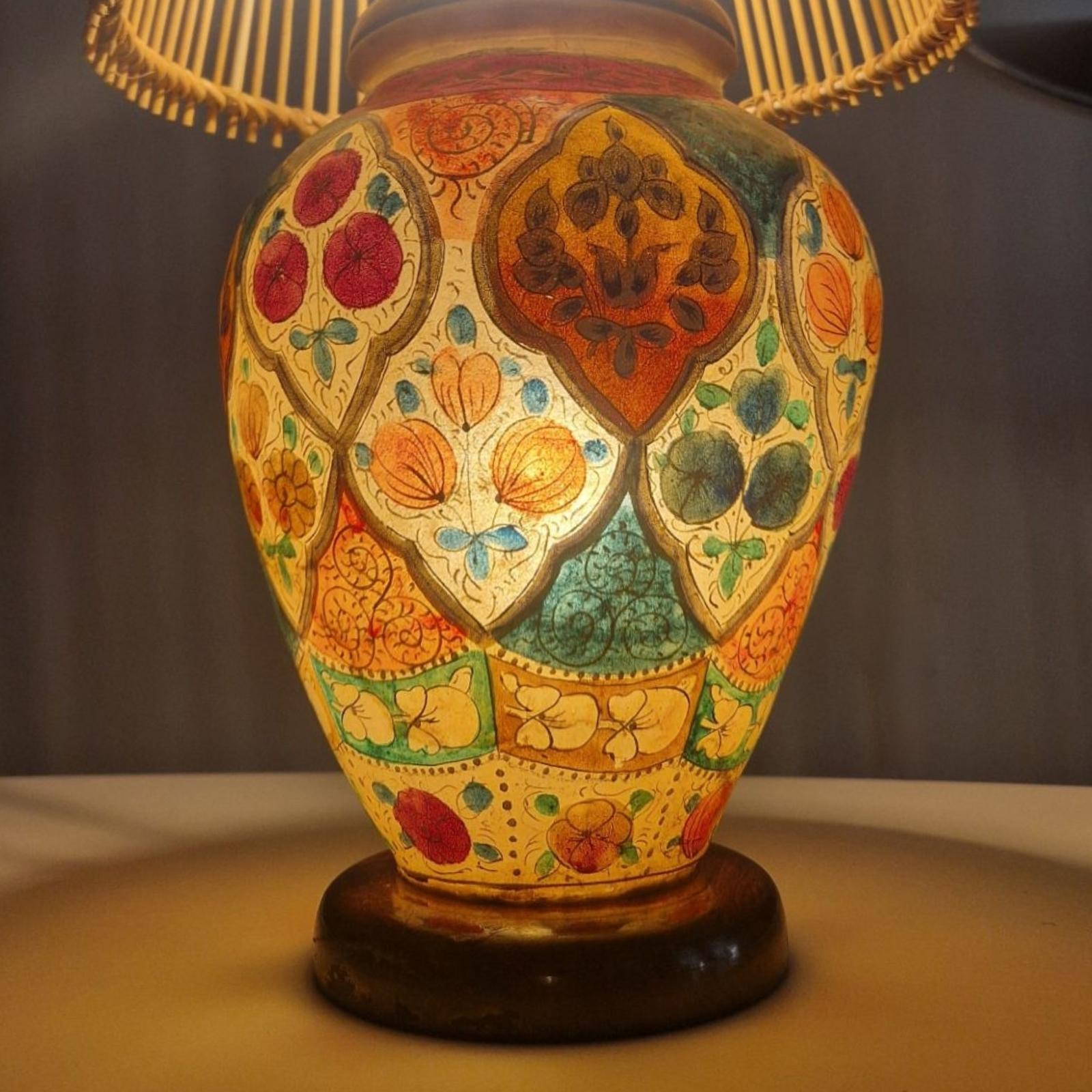 Hand-Crafted Oriental hand painted leather table lamp, Pakistan 1960s For Sale