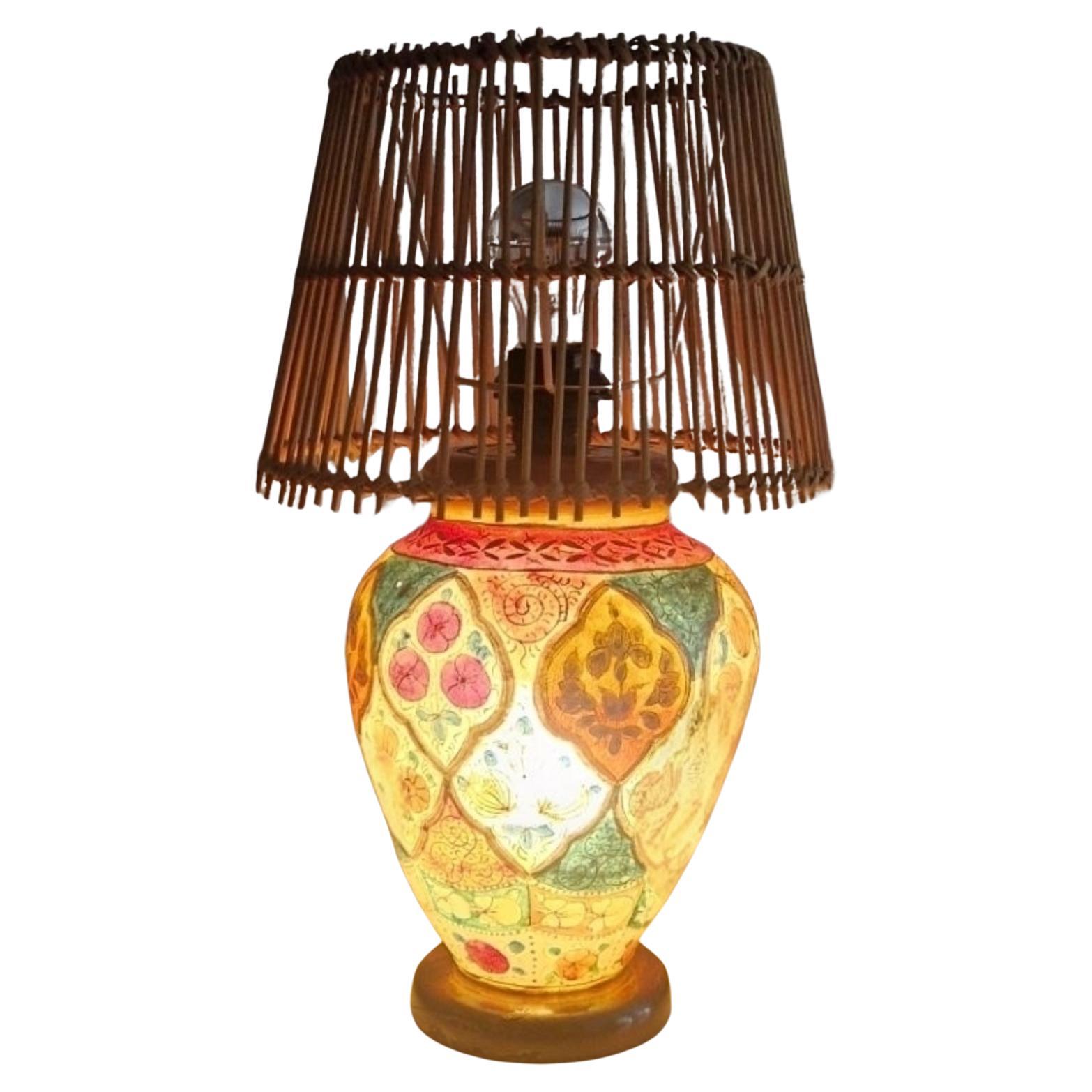 Oriental hand painted leather table lamp, Pakistan 1960s For Sale