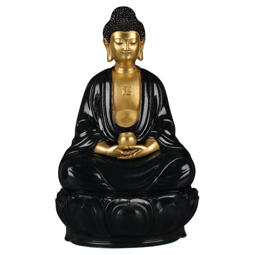 Old Oriental Handmade Gold Porcelain Sitting Buddha Wearing Black Robe Statue
