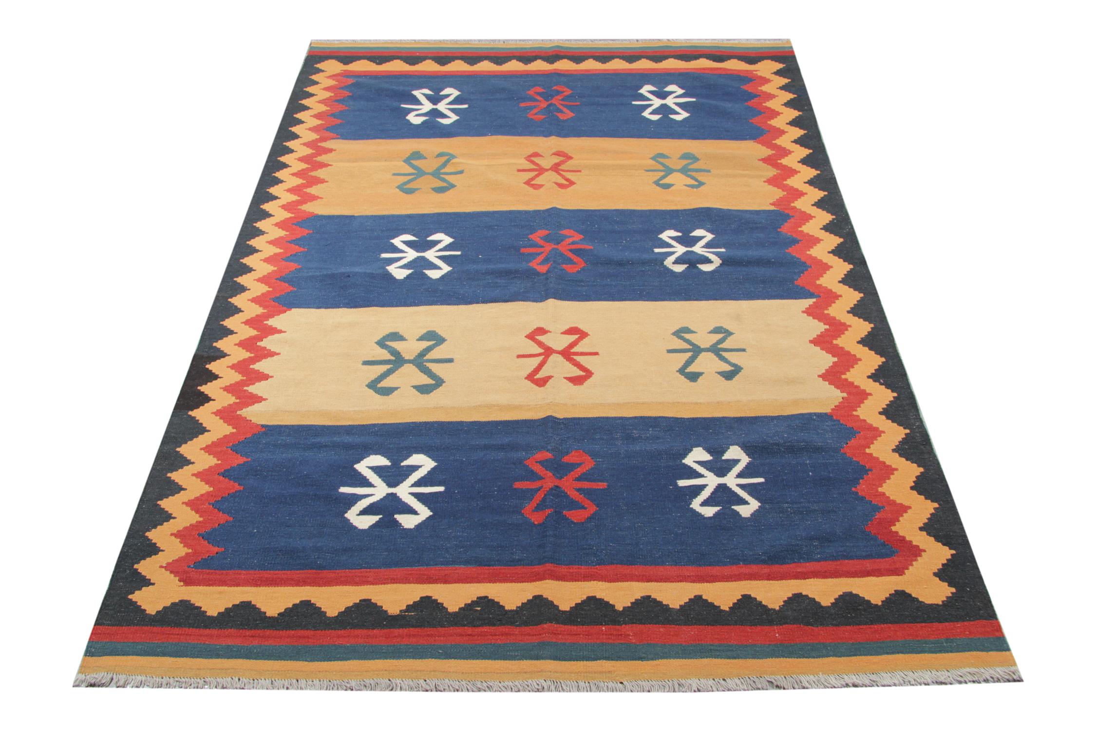 Woven Oriental Handmade Kilim Area Rug Beige and Blue Tribal Wool Rug