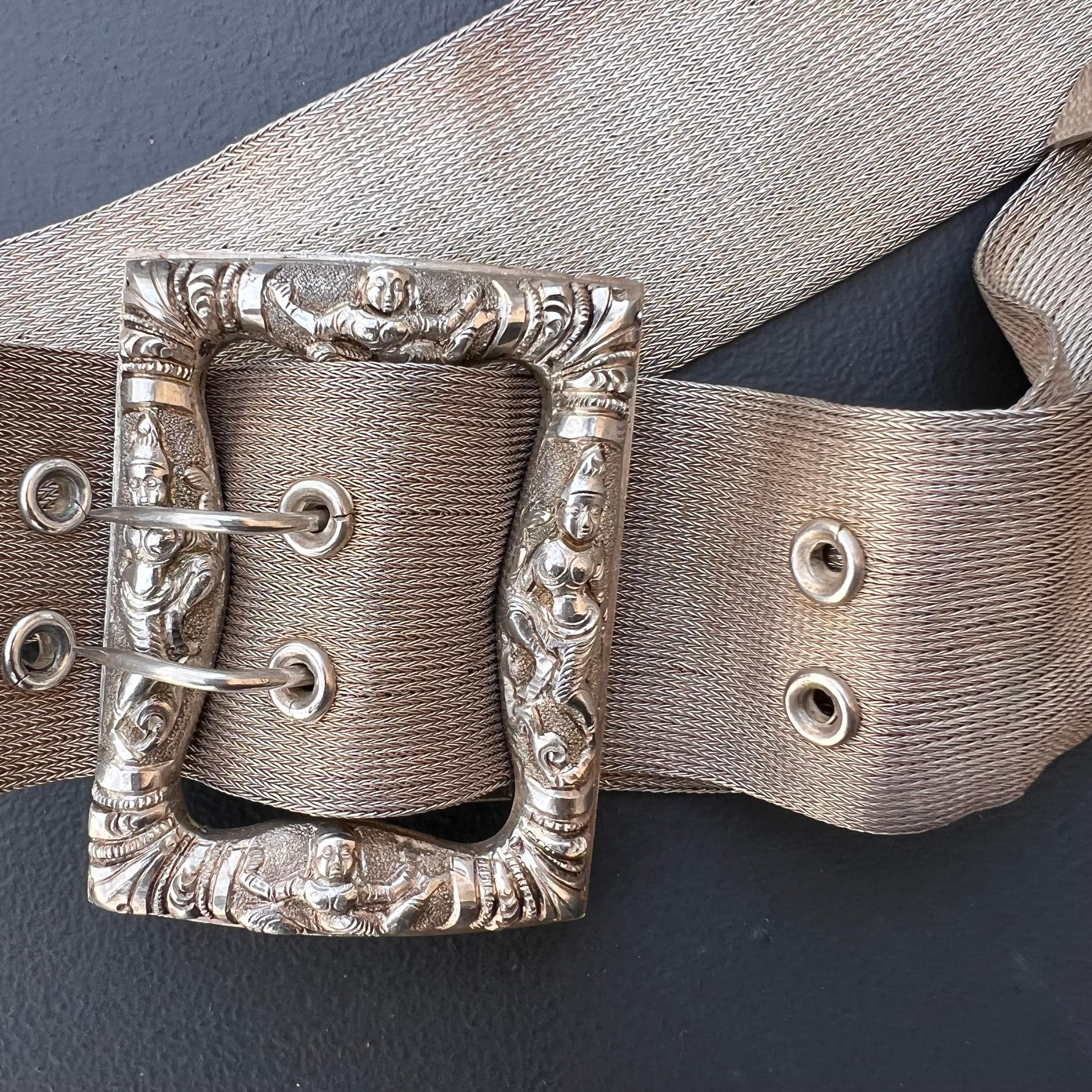 Anglo-Indian Oriental Hindu God Goddess Sterling Silver Handmade Belt For Sale