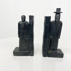 Vintage His and Her Pair Asian Scholar Bookends in Carved Black Stone