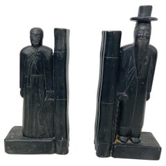 Vintage His and Her Pair Asian Scholar Bookends in Carved Black Stone