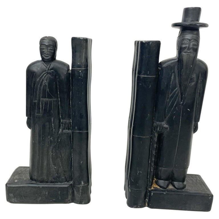 Vintage His and Her Pair Asian Scholar Bookends in Carved Black Stone ...