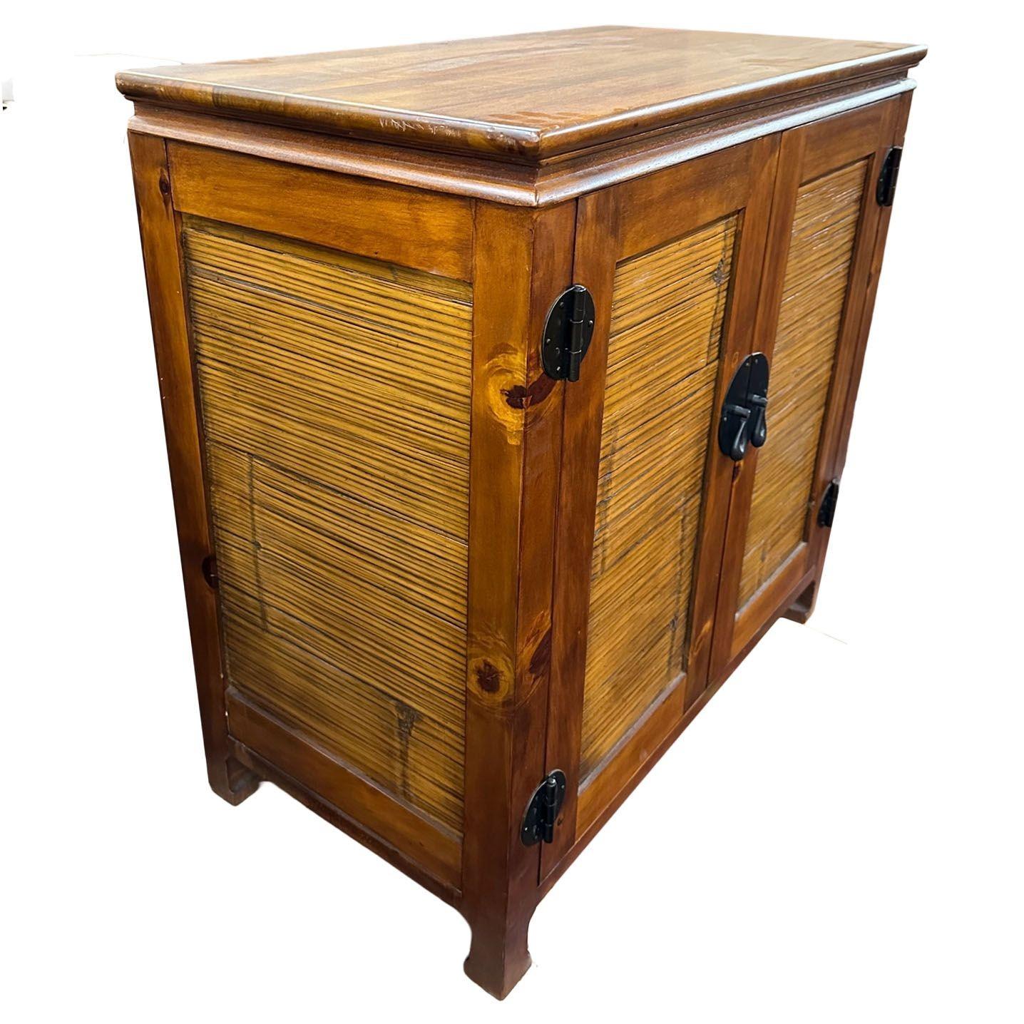 Late 20th Century Oriental James Mont Style Koa & Stick Rattan Stereo Cabinet For Sale