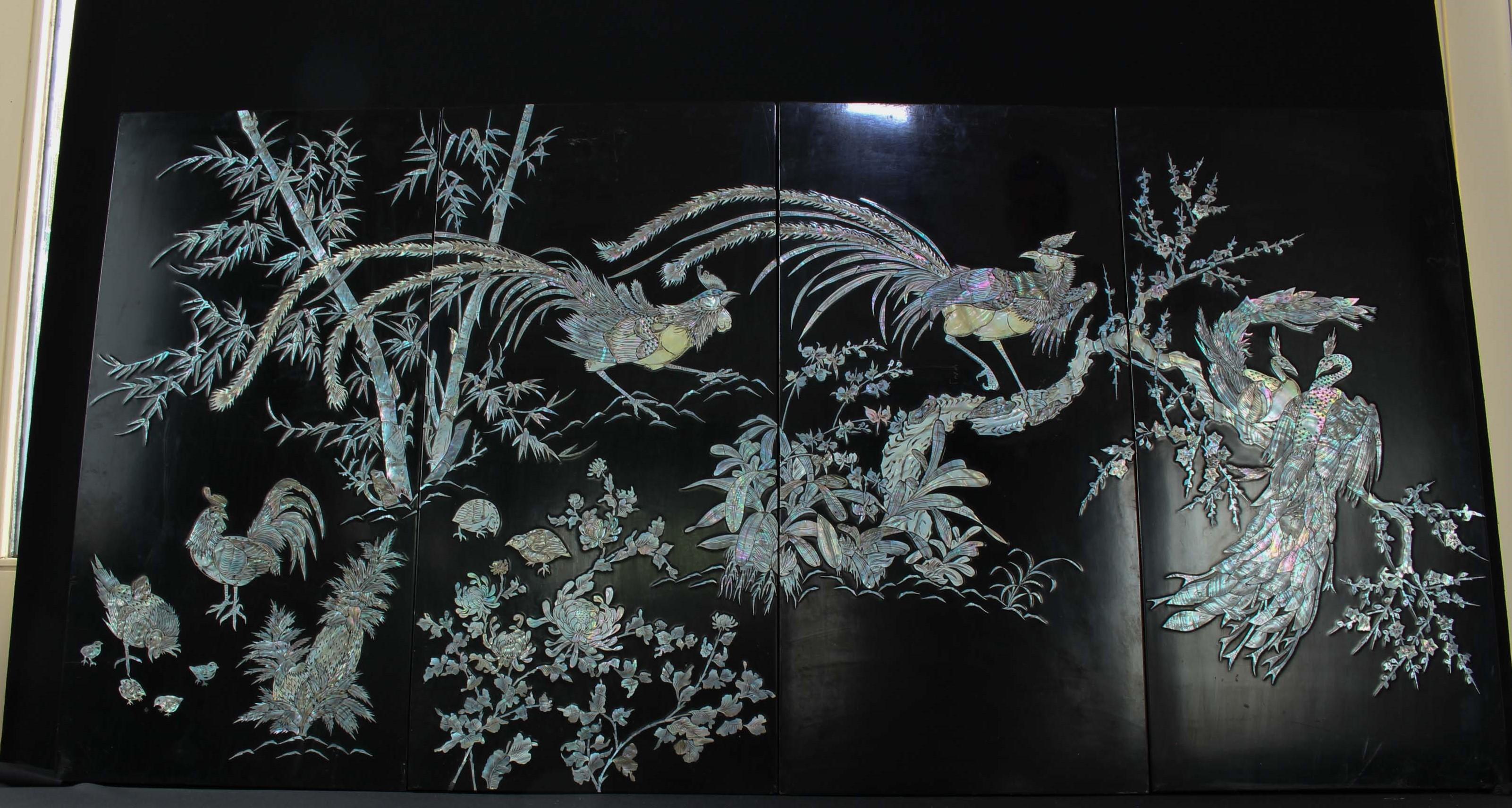 Are you looking for some magnificent, vintage oriental / Japanese wall art to display in your home or business? Look no further than this spectacular, retro set of 4 wall panels of MOP (mother of pearl) shell birds on black lacquered wood wall