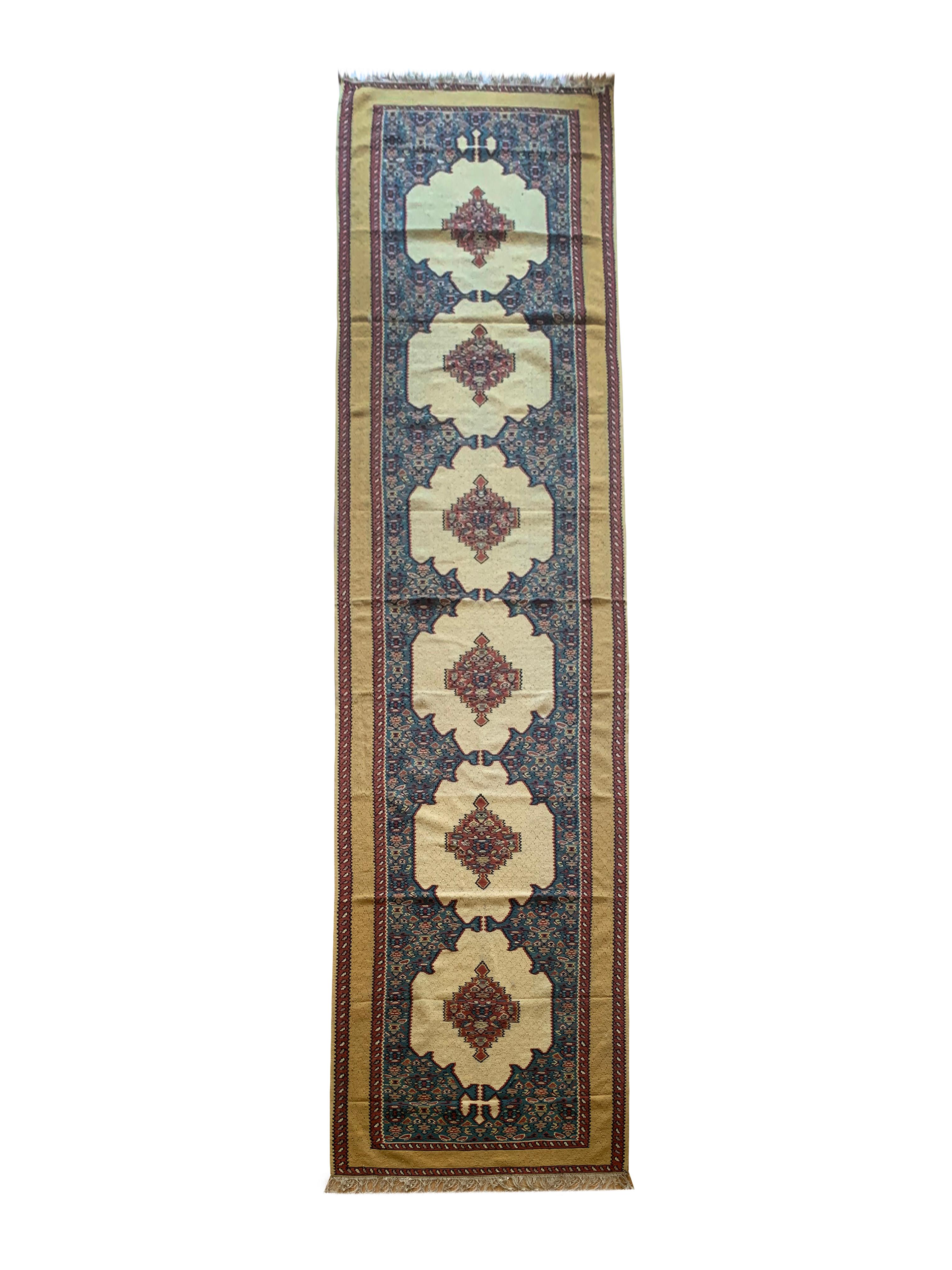 Oriental Kilim Runner Handmade Carpet Flatwoven Ivory Blue Hallway Rug For Sale 2