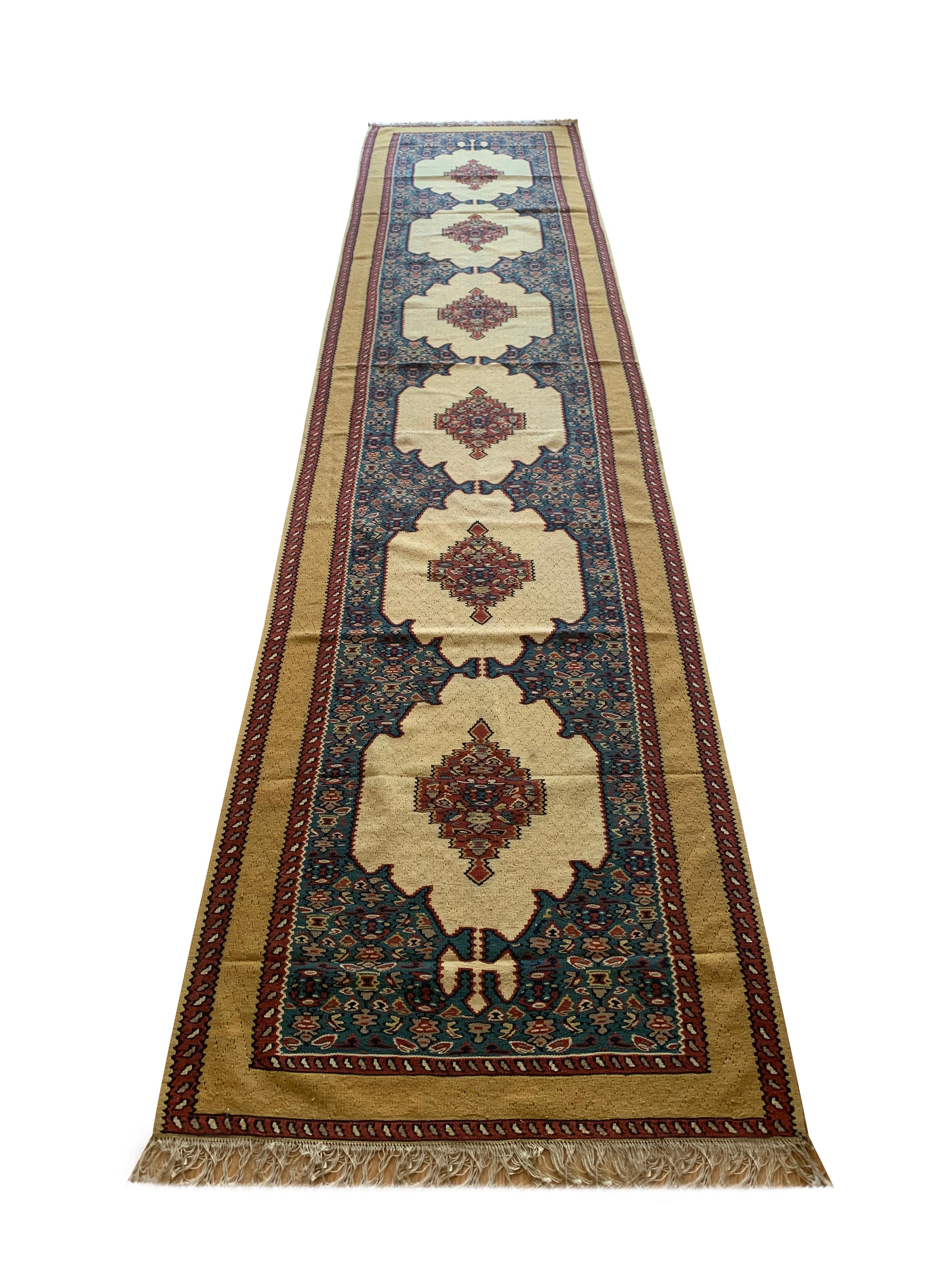 Oriental Kilim Runner Handmade Carpet Flatwoven Ivory Blue Hallway Rug For Sale 3