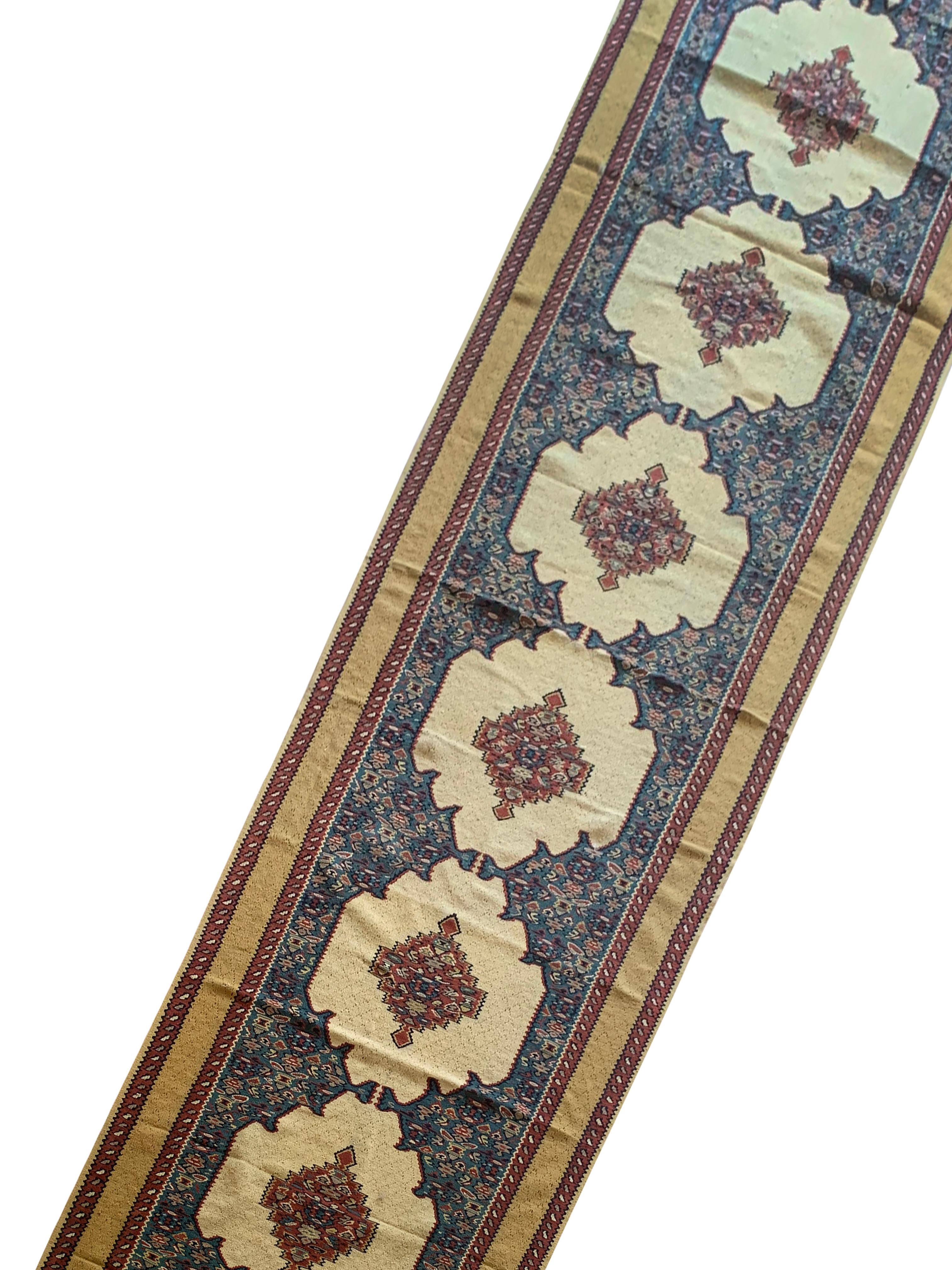 Oriental Kilim Runner Handmade Carpet Flatwoven Ivory Blue Hallway Rug For Sale 4