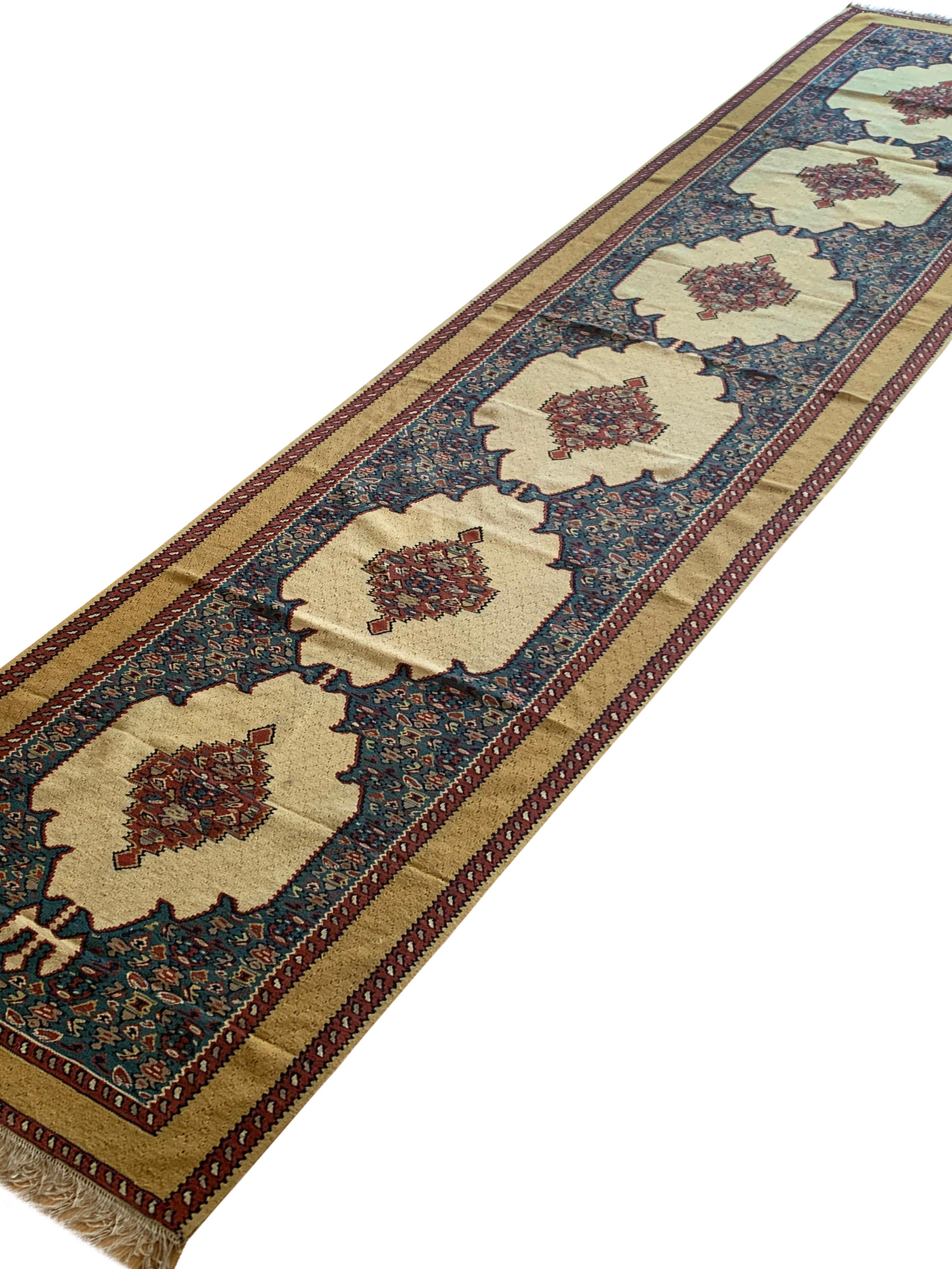 Oriental Kilim Runner Handmade Carpet Flatwoven Ivory Blue Hallway Rug For Sale 5