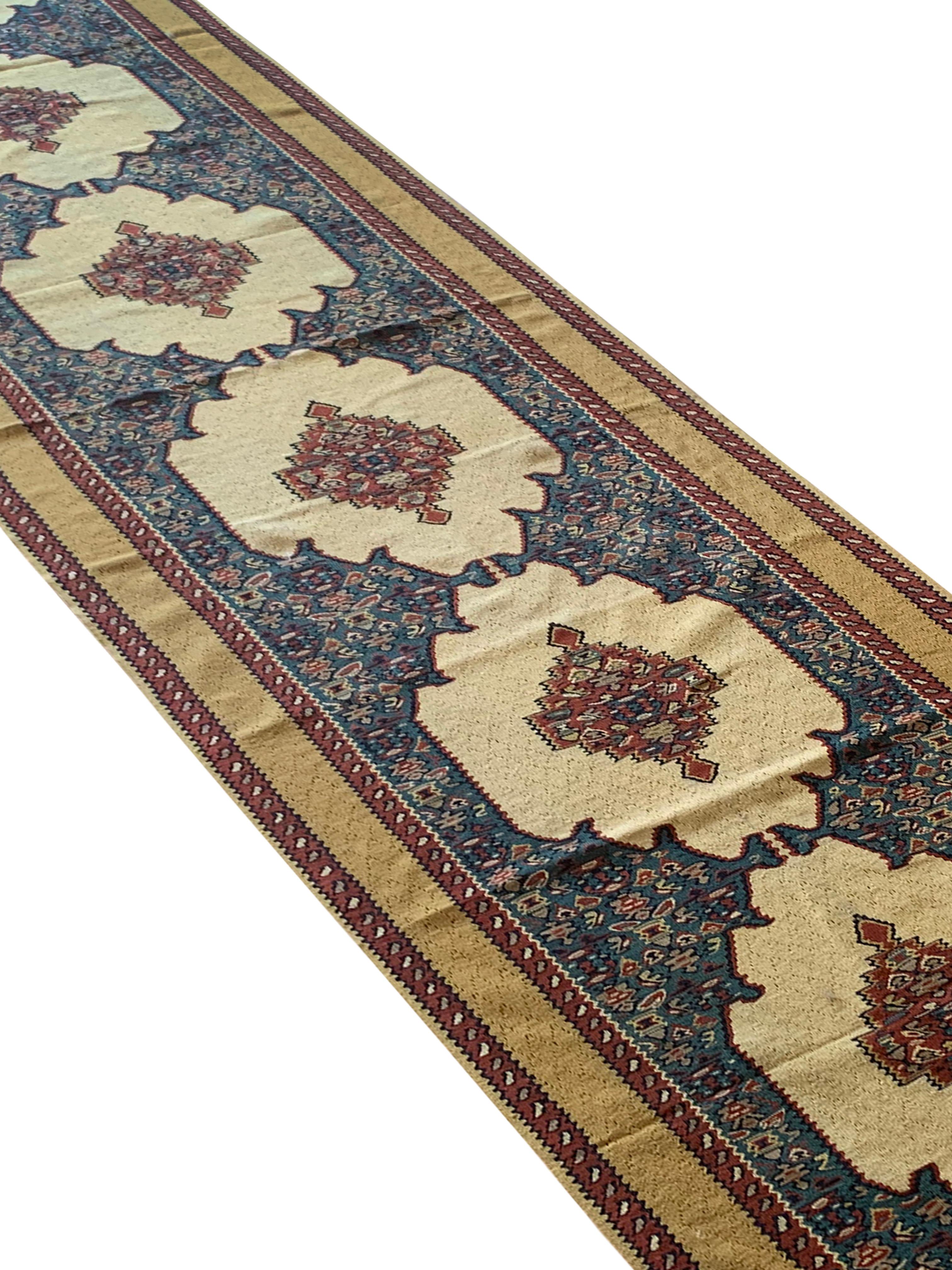 Oriental Kilim Runner Handmade Carpet Flatwoven Ivory Blue Hallway Rug For Sale 6