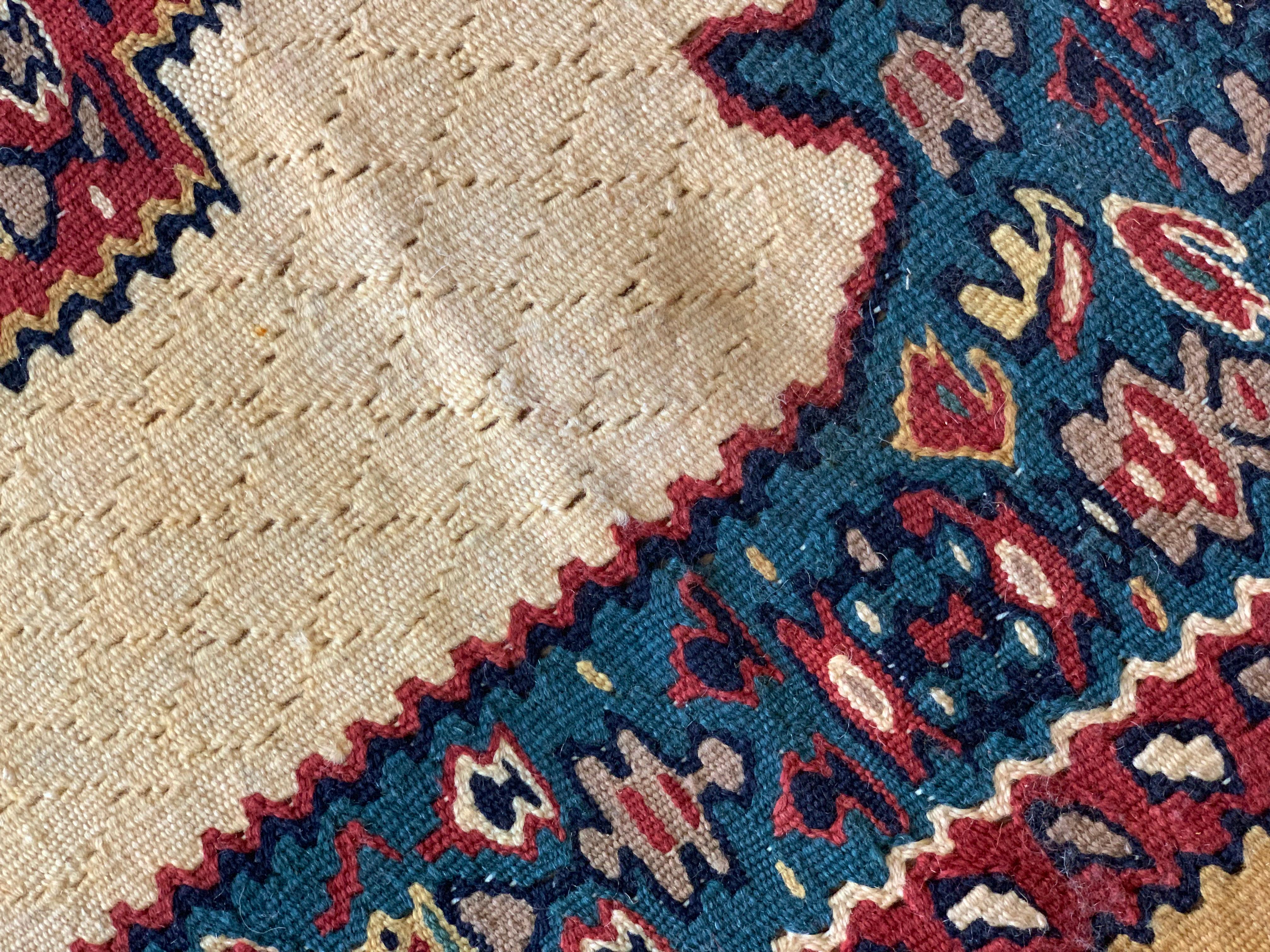Oriental Kilim Runner Handmade Carpet Flatwoven Ivory Blue Hallway Rug For Sale 7