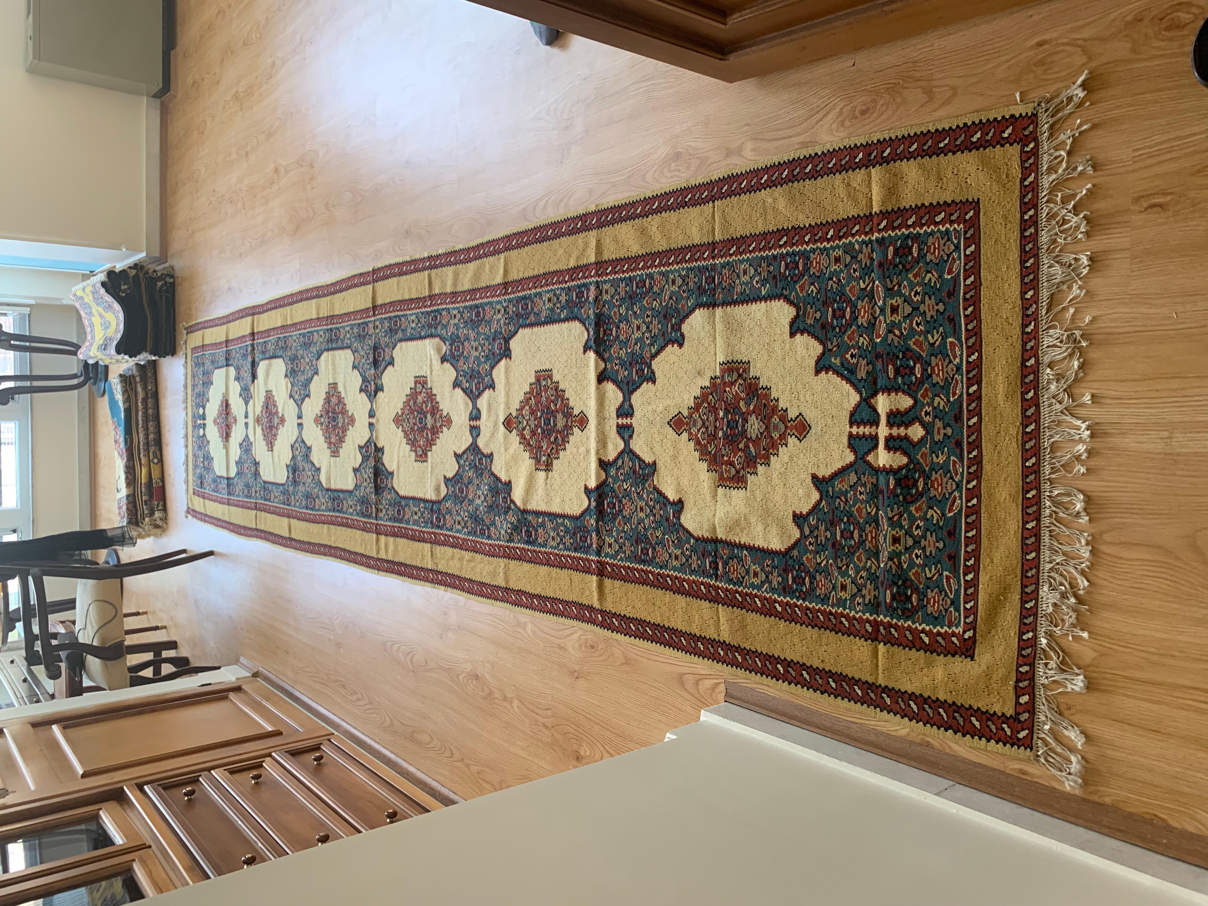Oriental Kilim Runner Handmade Carpet Flatwoven Ivory Blue Hallway Rug For Sale 8