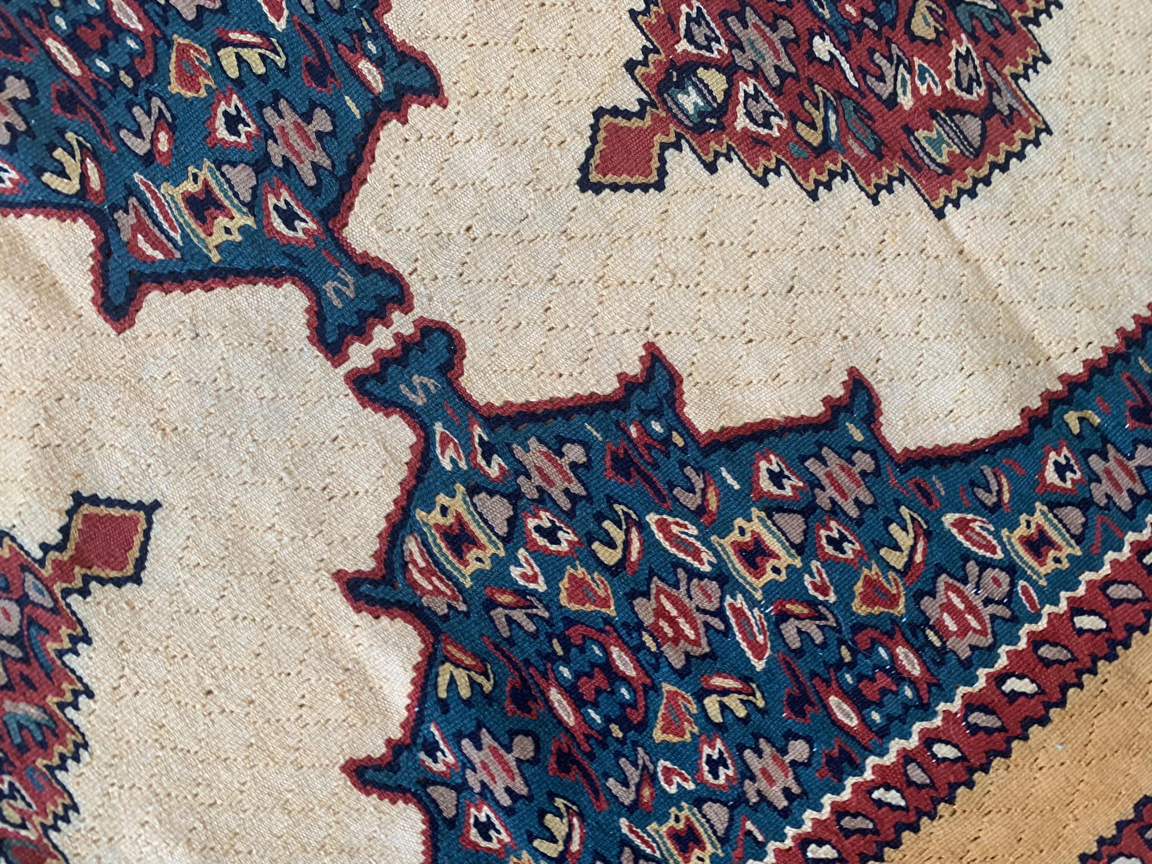 Tribal Oriental Kilim Runner Handmade Carpet Flatwoven Ivory Blue Hallway Rug For Sale