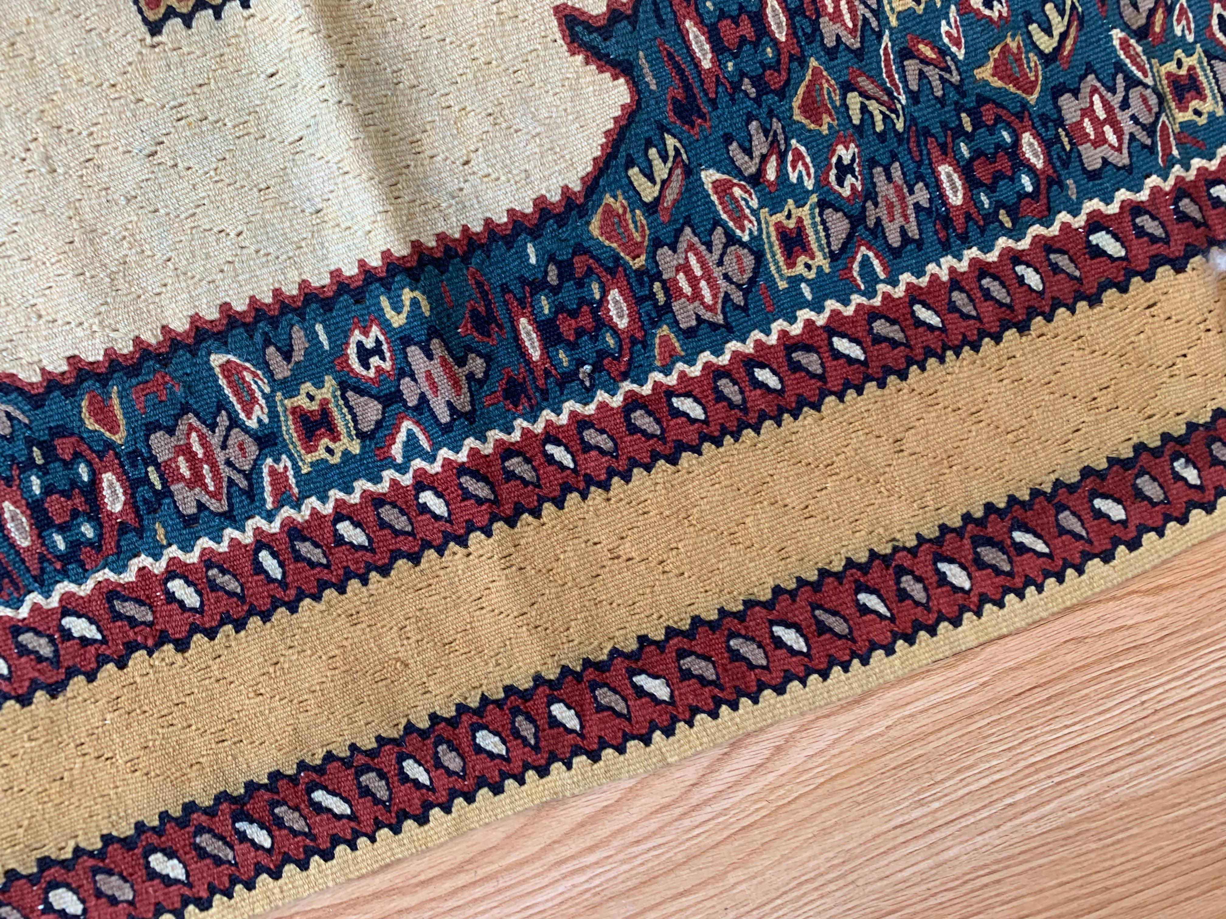 Iraqi Oriental Kilim Runner Handmade Carpet Flatwoven Ivory Blue Hallway Rug For Sale