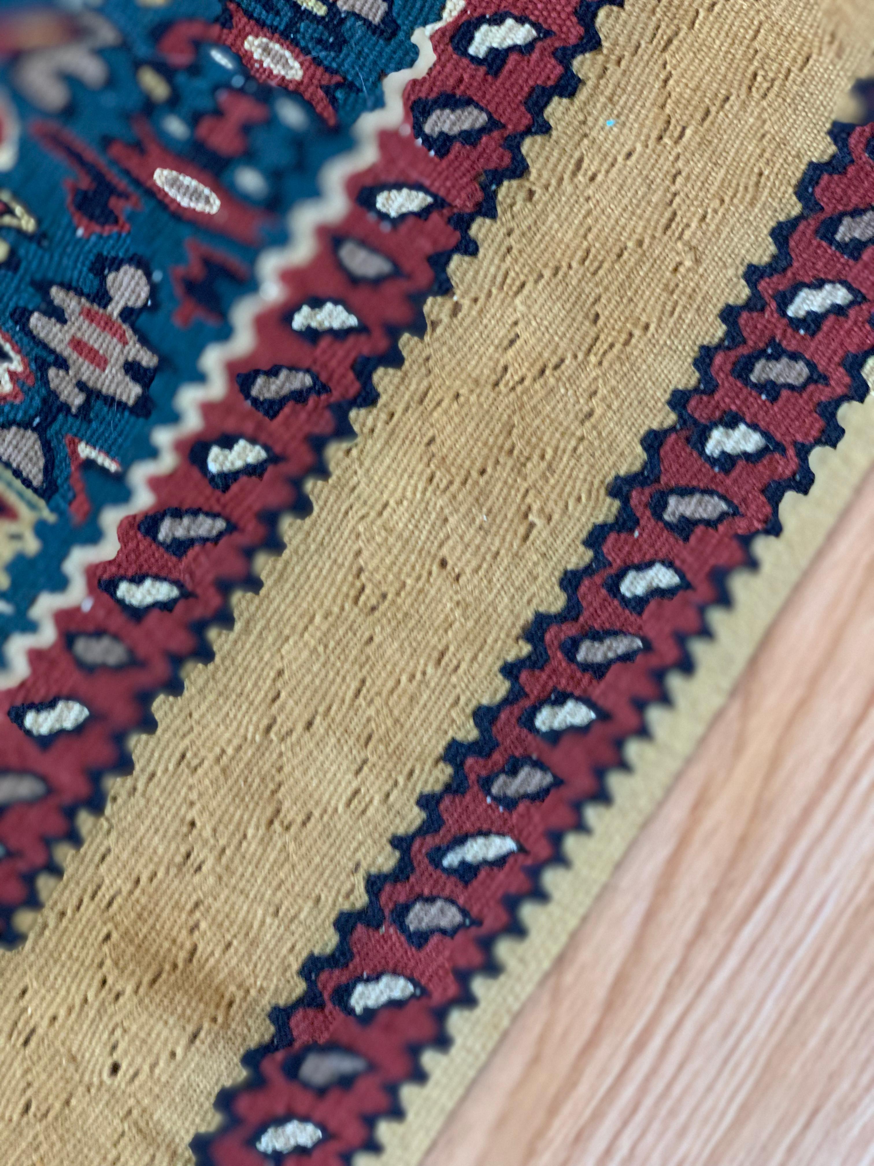 Wool Oriental Kilim Runner Handmade Carpet Flatwoven Ivory Blue Hallway Rug For Sale