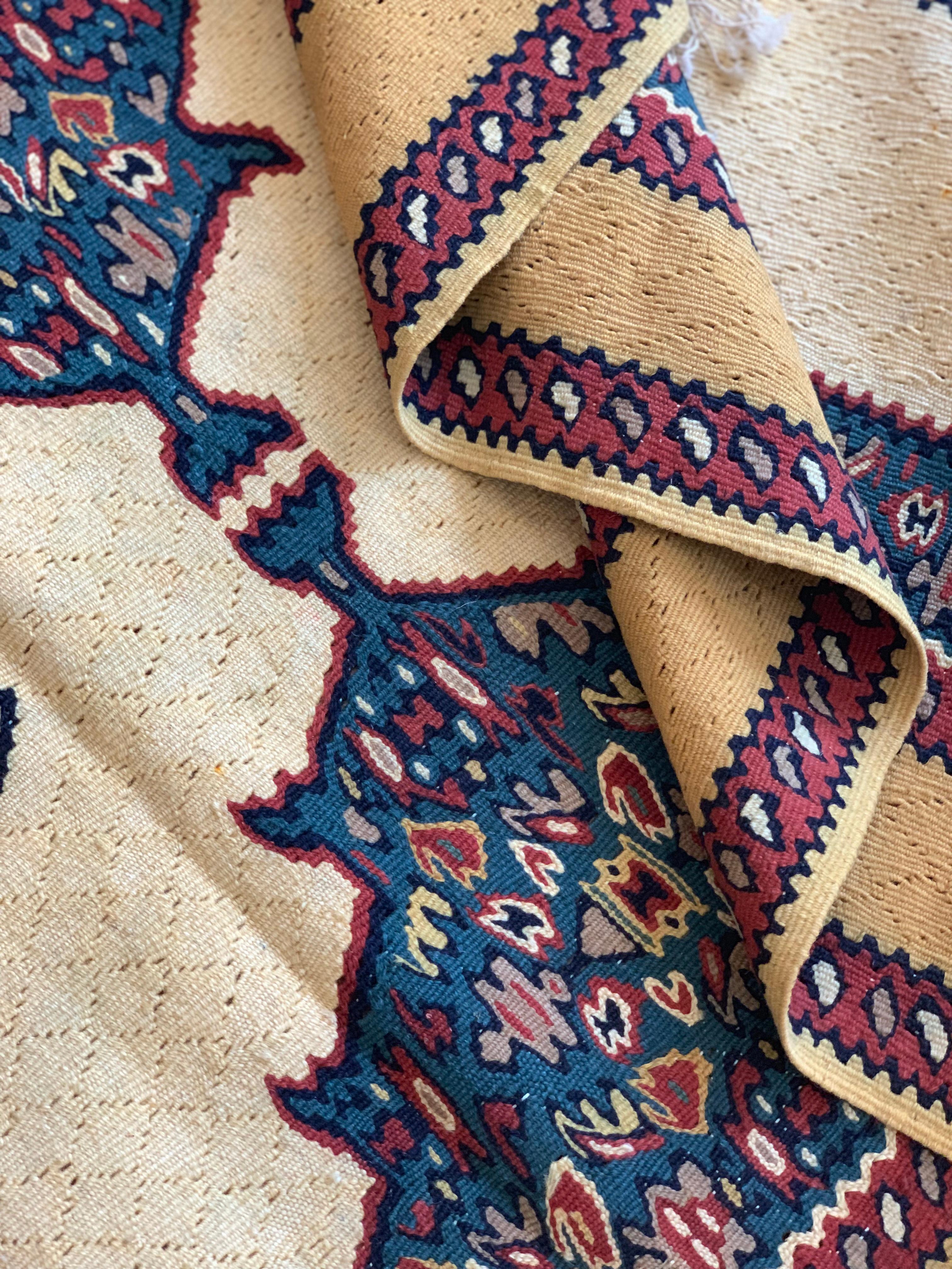 Oriental Kilim Runner Handmade Carpet Flatwoven Ivory Blue Hallway Rug For Sale 1