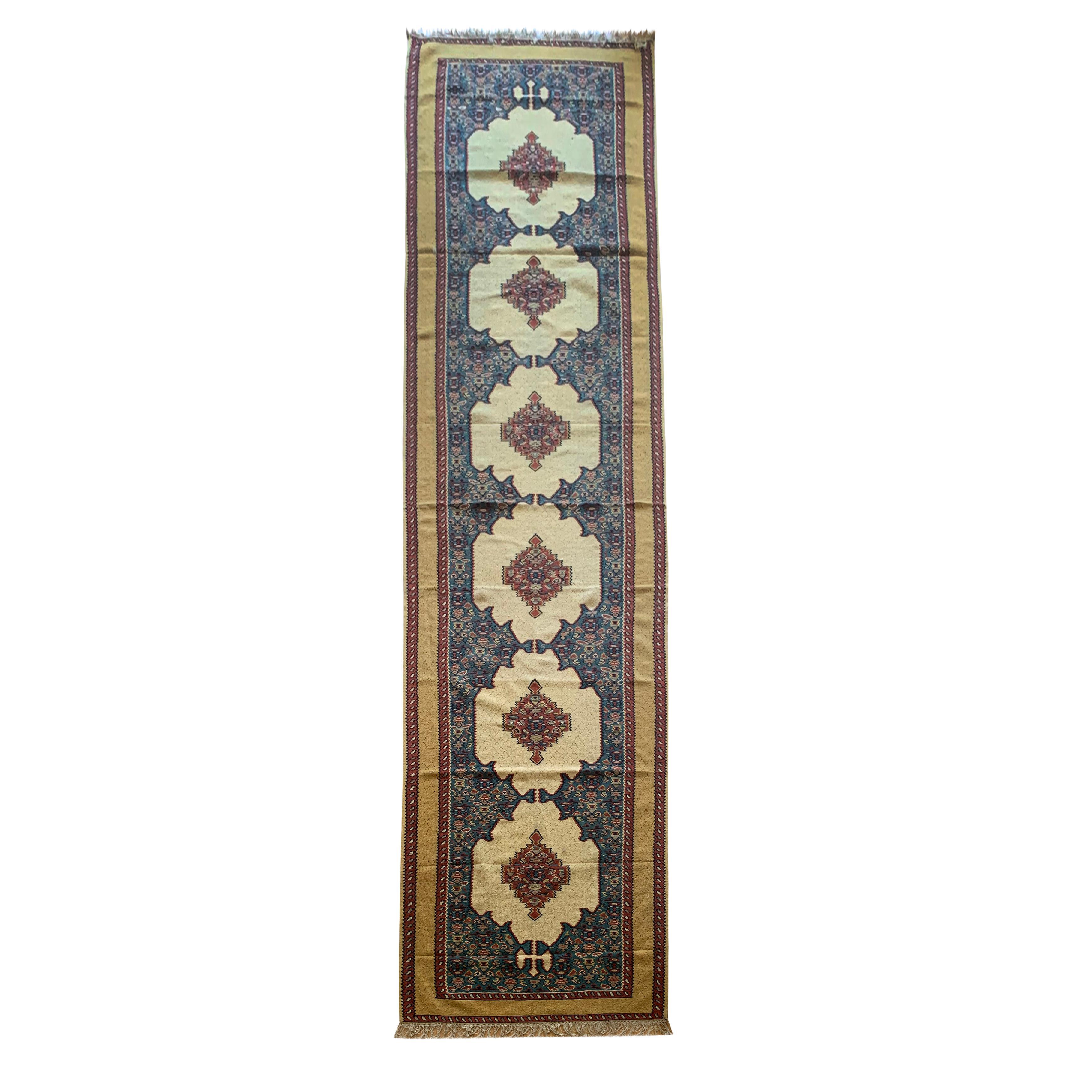 Oriental Kilim Runner Handmade Carpet Flatwoven Ivory Blue Hallway Rug For Sale