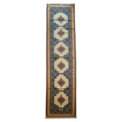 Vintage Oriental Kilim Runner Handmade Carpet Flatwoven Ivory Blue Hallway Rug