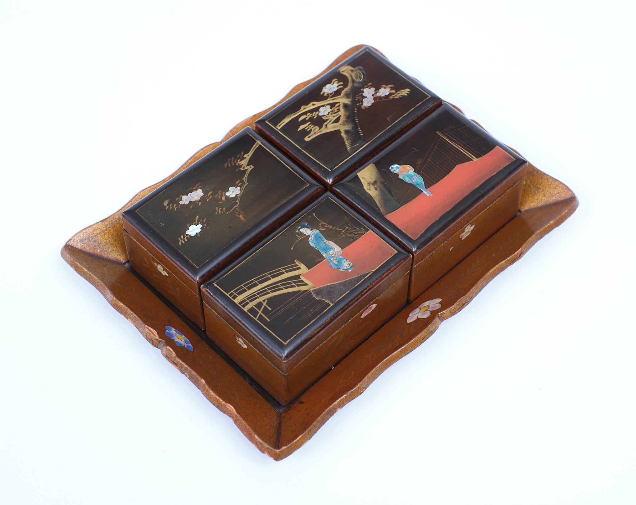 Japonisme Oriental Lacker Boxes on a Tray, Japan, 1930s For Sale