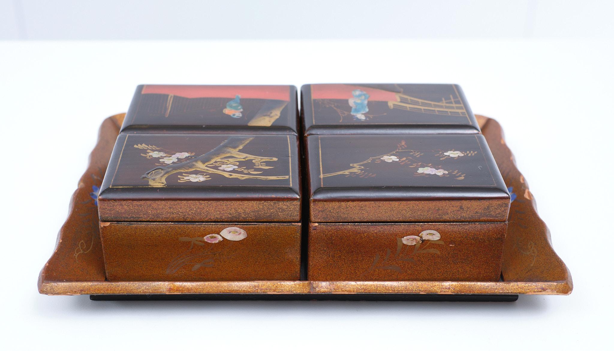 Mid-20th Century Oriental Lacker Boxes on a Tray, Japan, 1930s For Sale
