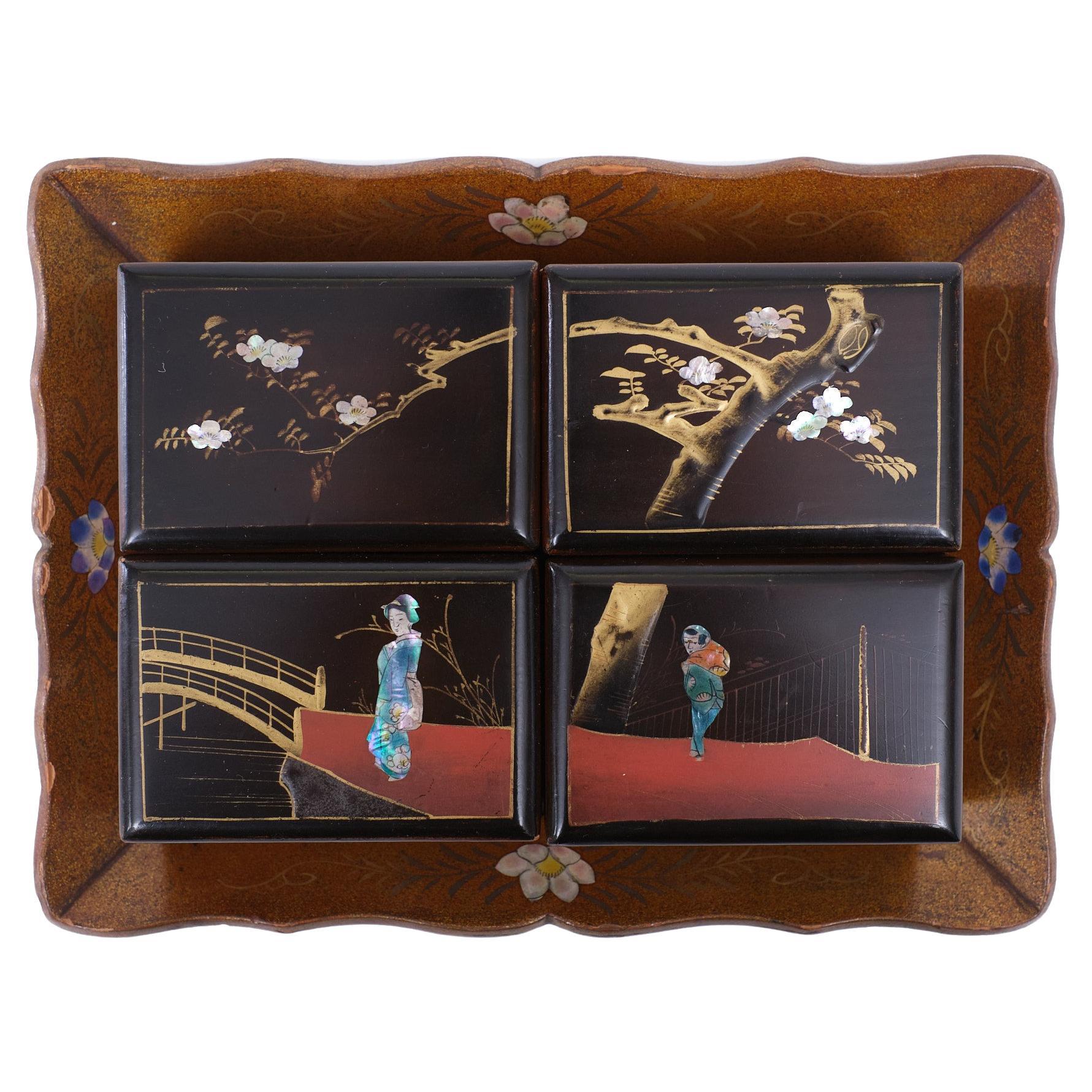 Oriental Lacker Boxes on a Tray, Japan, 1930s For Sale