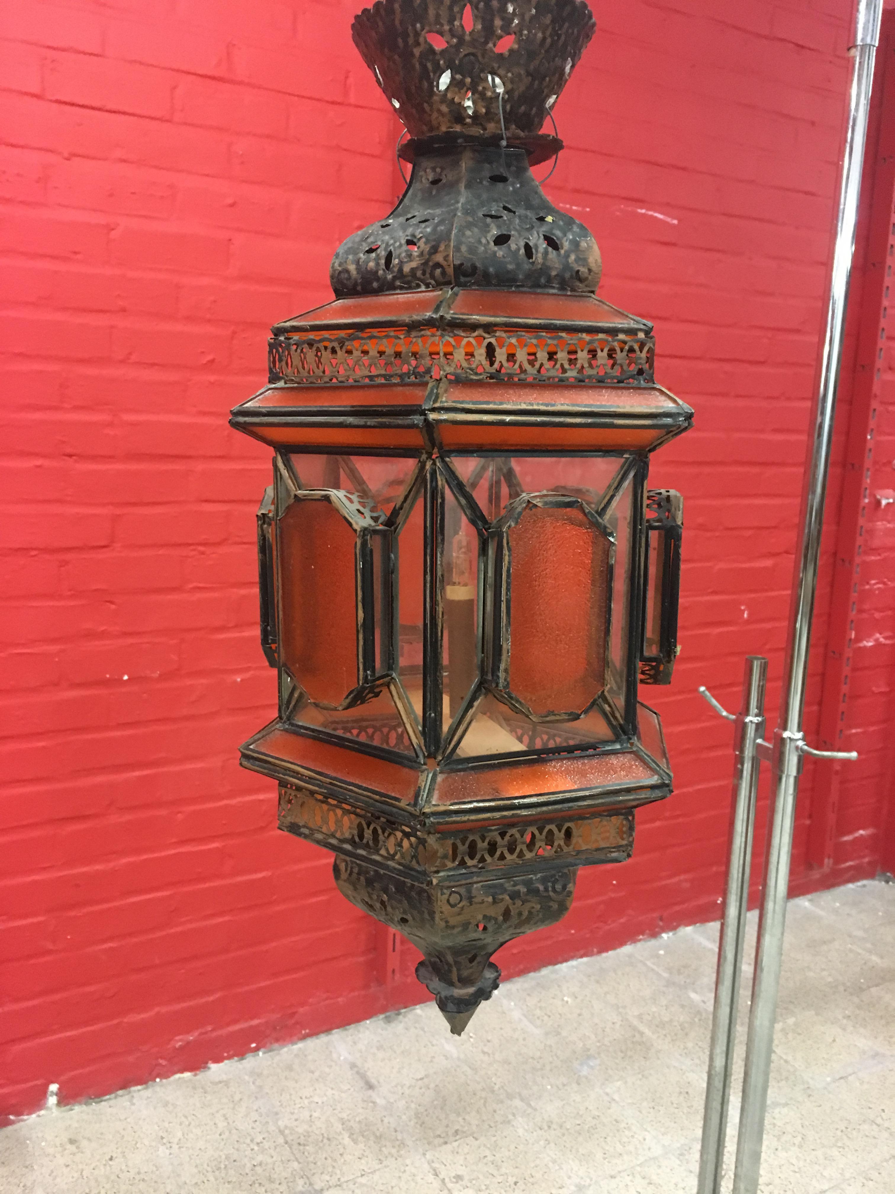 African Oriental Lantern in Copper and White and Orange Glass, circa 1970 For Sale