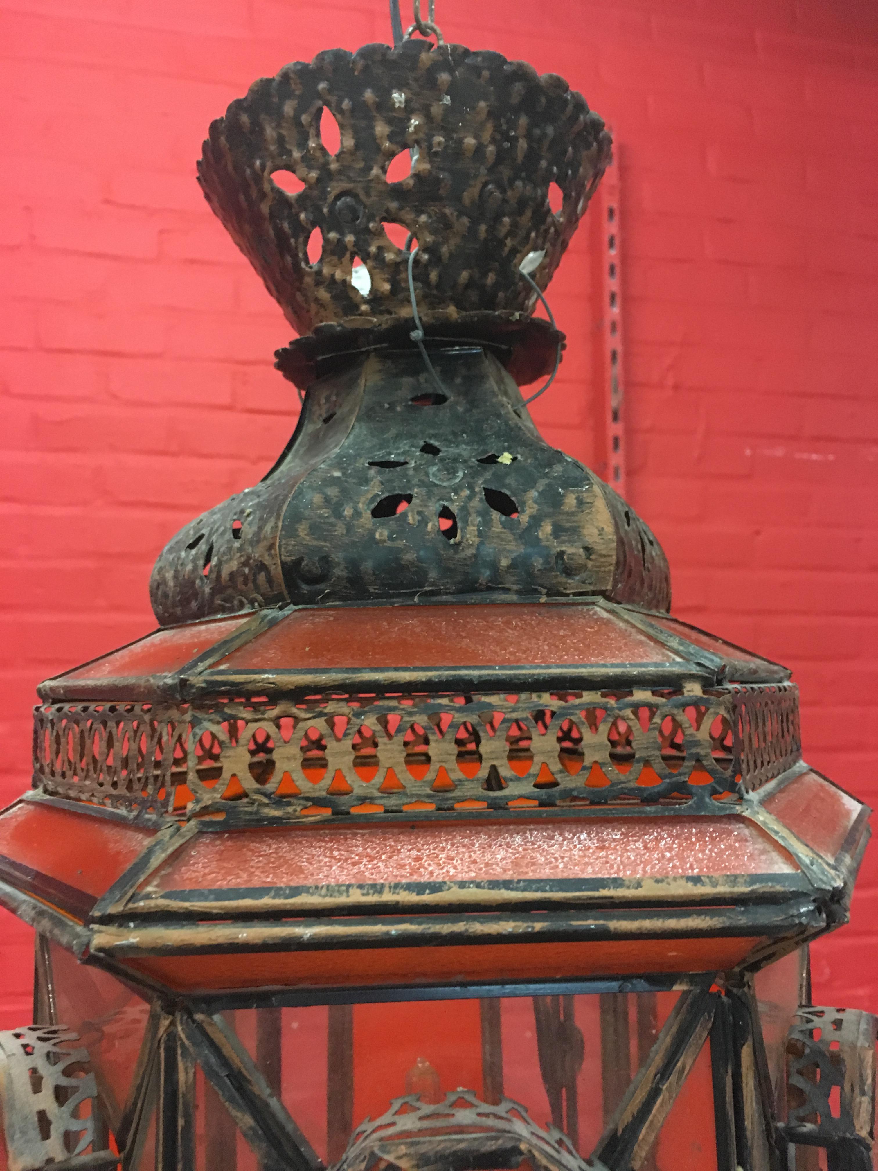 Oriental Lantern in Copper and White and Orange Glass, circa 1970 In Good Condition For Sale In Saint-Ouen, FR